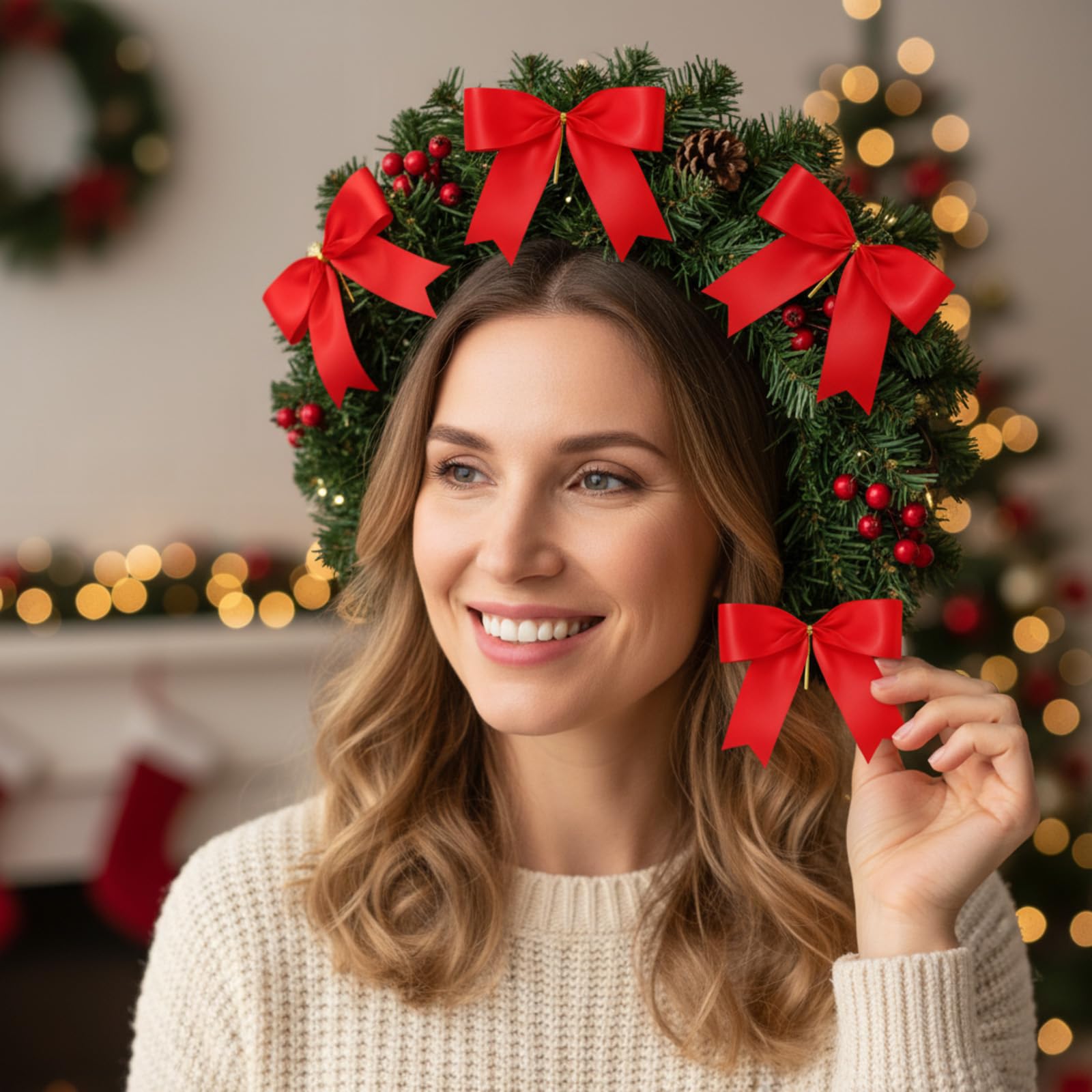 Sumind 48 Pieces Christmas Bow Red Ribbon Bow Tie 5.5 Wreath Ornaments for Christmas Tree Xmas Decoration