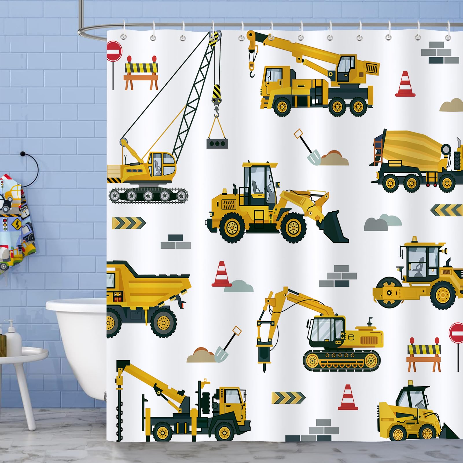 Bonhause Kids Construction Shower Curtain, Cartoon Machinery Vehicle Excavator Tractor Truck Car Shower Curtain For Boy 72X72 In