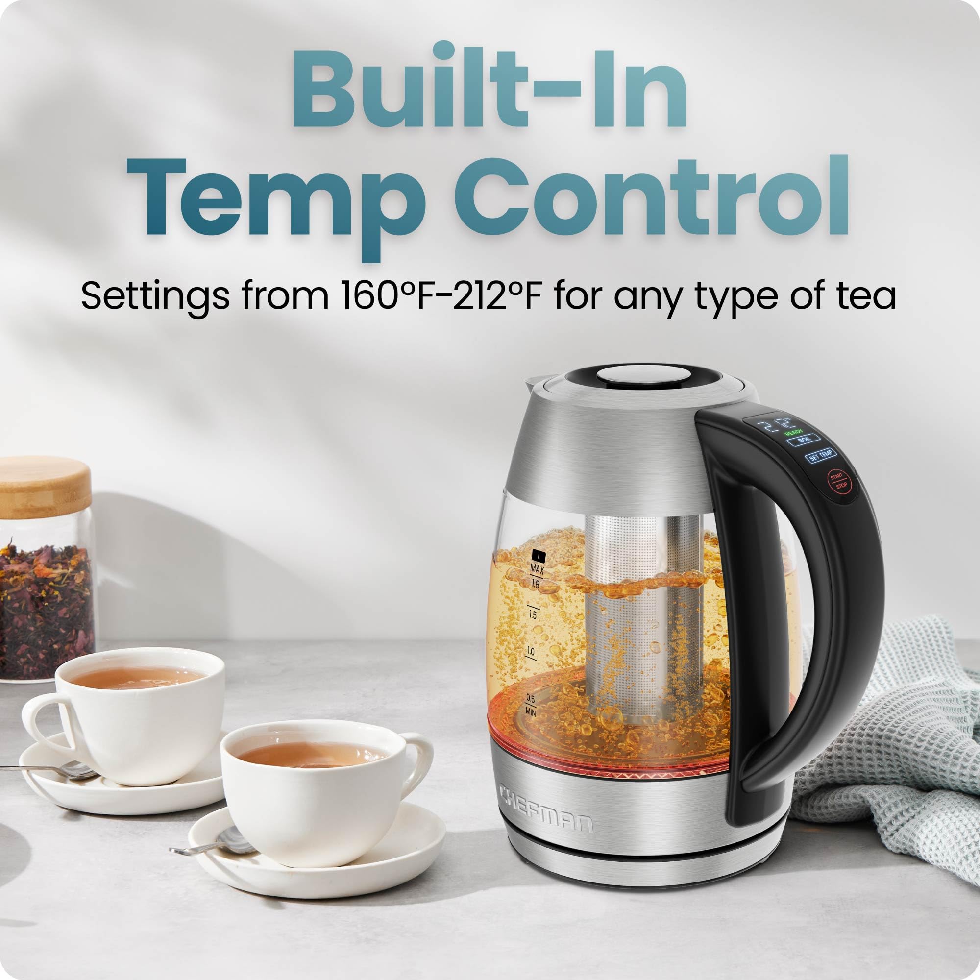 CHEFMAN Lightning High-Powered Electric Kettle, 1.8L 1750W, Rapid Boil 2 Cups in 2 Minutes, BPA Free Cordless Tea Kettle with Di