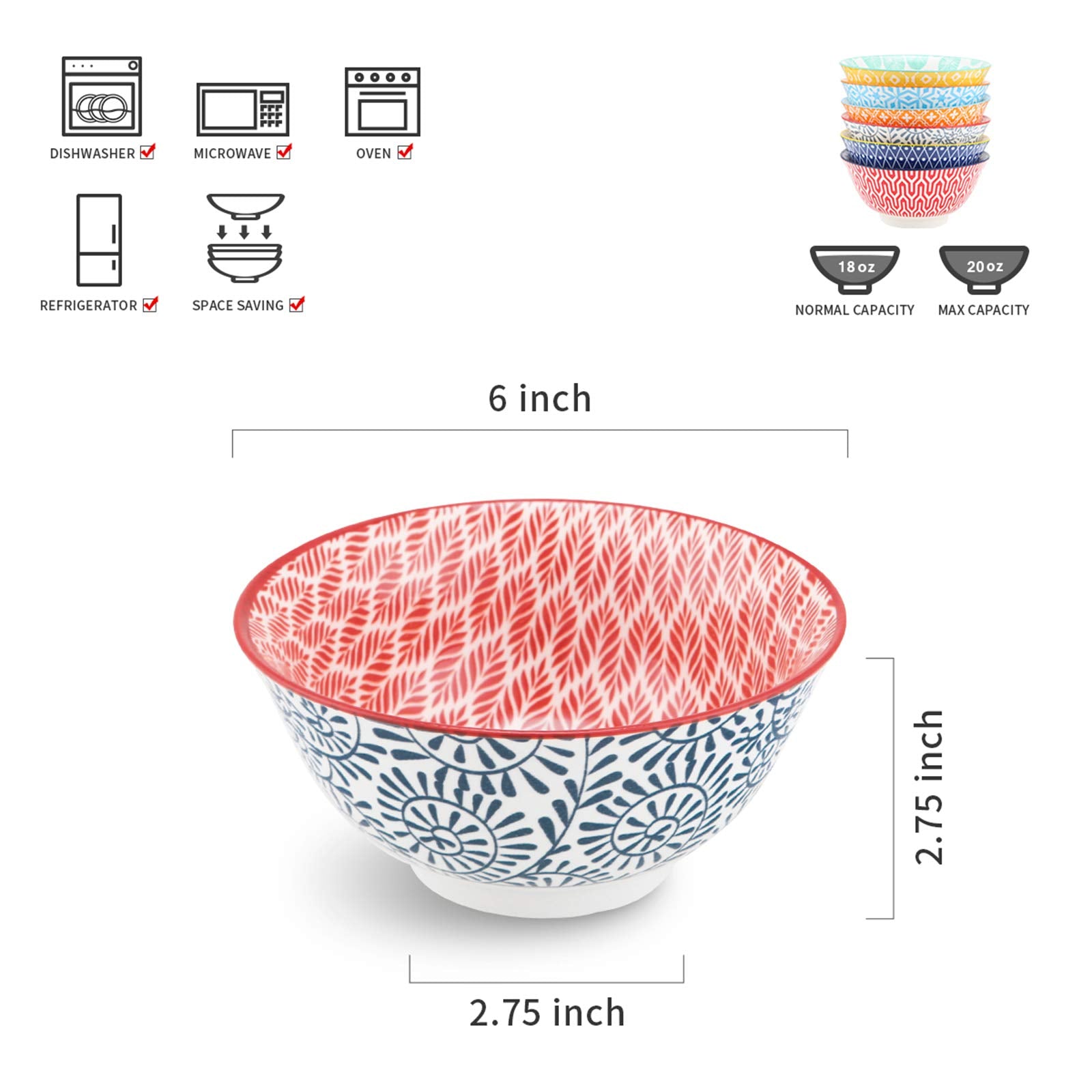 Selamica Porcelain 20Oz Cereal Bowl Set - Set Of 6, 6 Inch Soup Bowls, Ceramic Bowls For Cereal, Soup, Salad And Pasta, Colorful