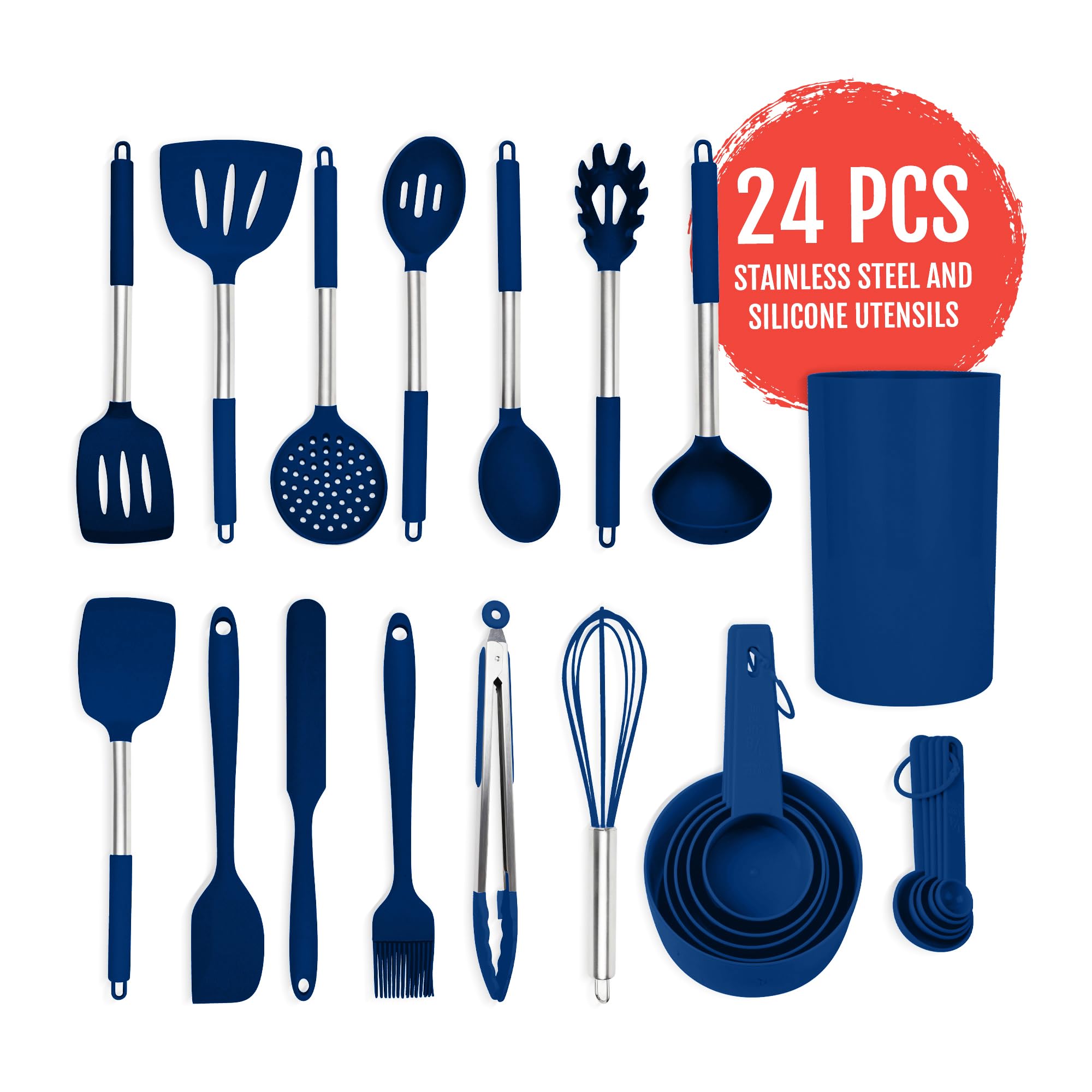 Silicone Kitchen Utensils Set - Culinary Couture 24-Pieces Blue Silicone Cooking Utensils Set For Nonstick Cookware - Silicone S