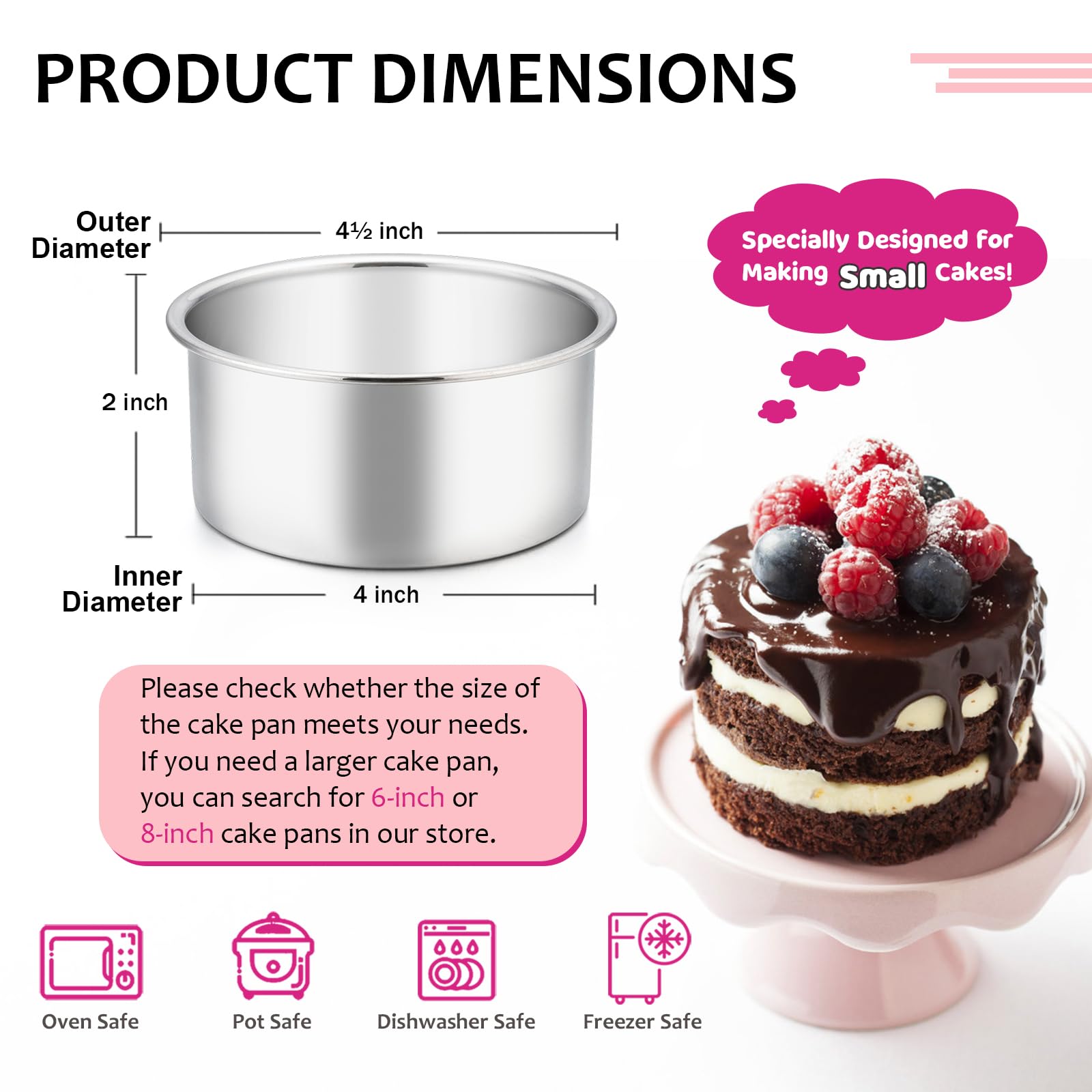 E-Far 4 Inch Small Cake Pan Set Of 3, Stainless Steel Mini Round Smash Cake Baking Pans, Non-Toxic & Healthy, Mirror Finish & Di