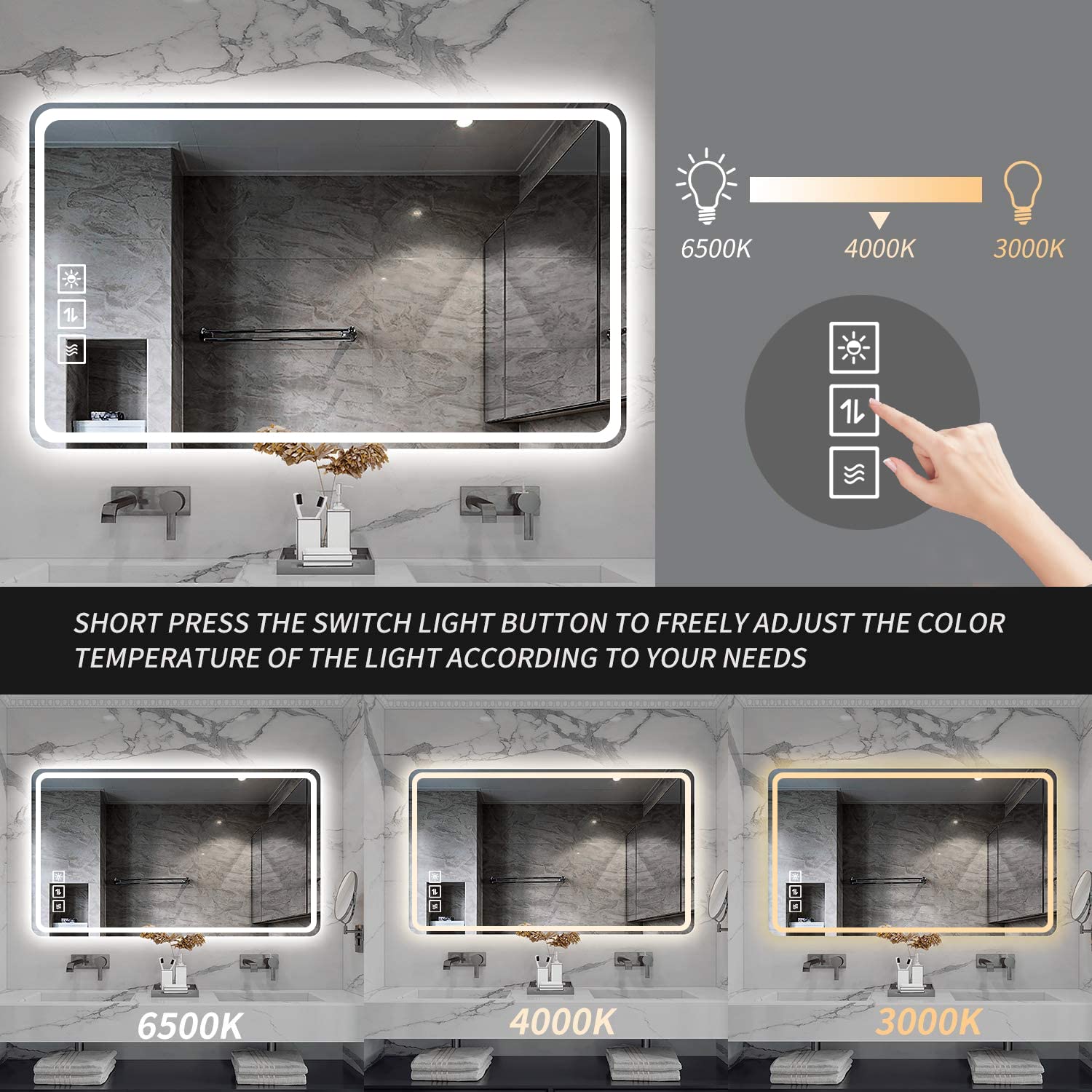 Laiya 28X36 Inch Led Bathroom Mirror Vanity Mirrors With Front Lights Wall Mounted Anti-Fog Frameless Make Up Mirror With Light