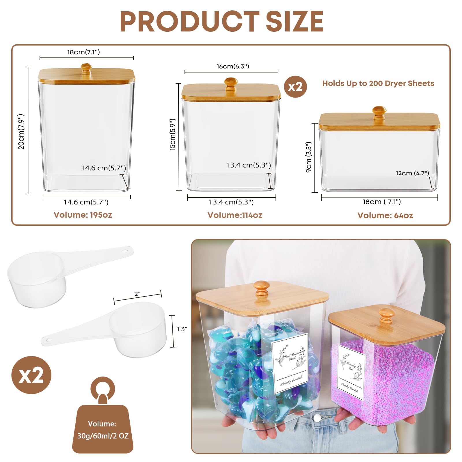 Coazex 4 Pack Clear Laundry Pods Container & Dryer Sheet Holder, Plastic Square Laundry Room Organization And Storage Jars With