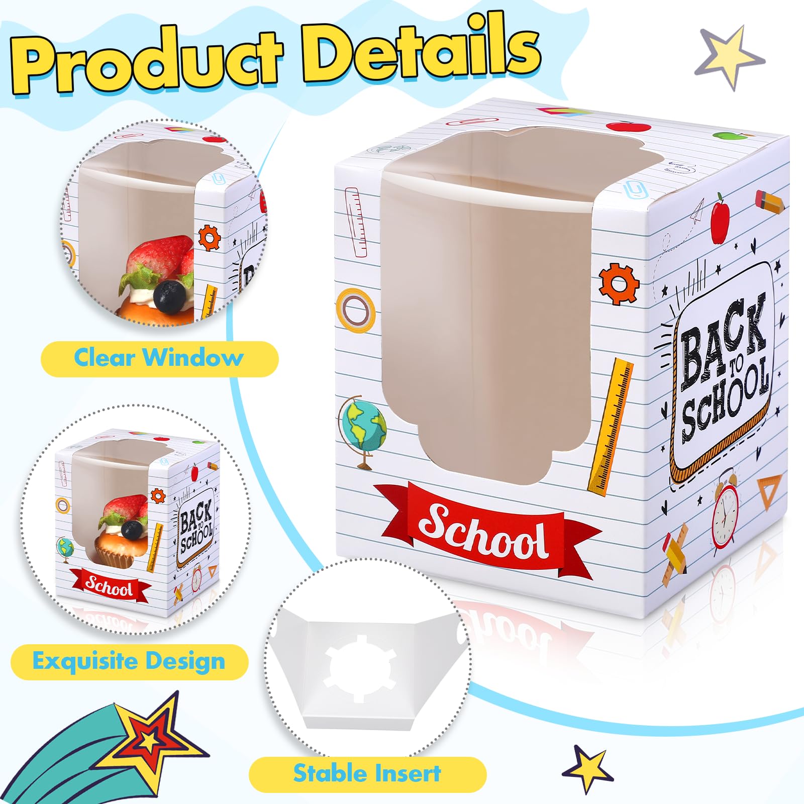48 Pcs Back To School Party Cupcake Boxes Individual With Window Inserts First Day Of School Single Cupcake Containers Welcome B