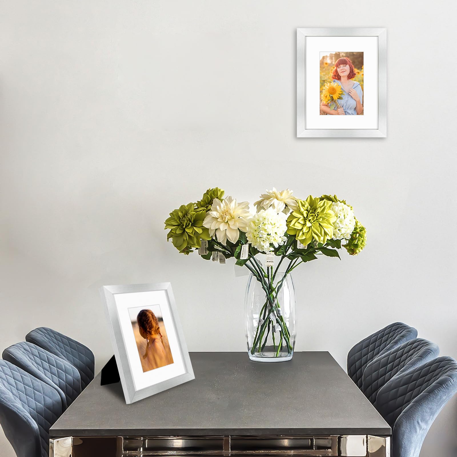 Golden State Art, 8x10 Picture Frame with Mat for 5x7 Photo - High Definition Glass Wall Mounting or Tabletop Display (Silver, 1