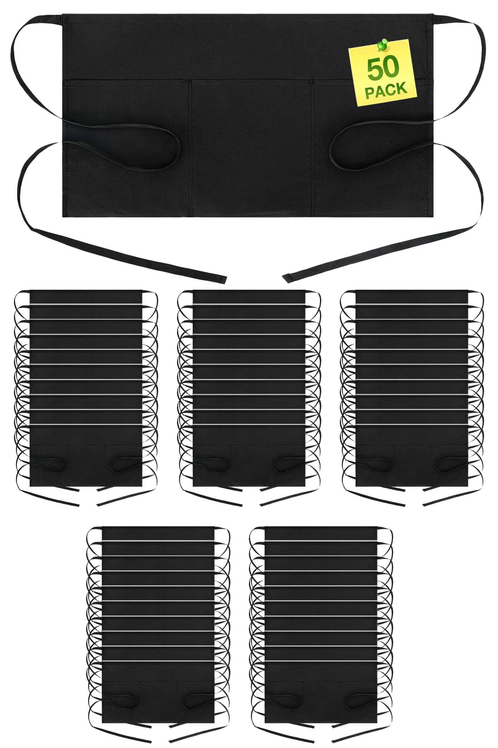 BOHARERS 50 Pack Waist Apron with 3 Pockets - Black Waitress Server Short Apron