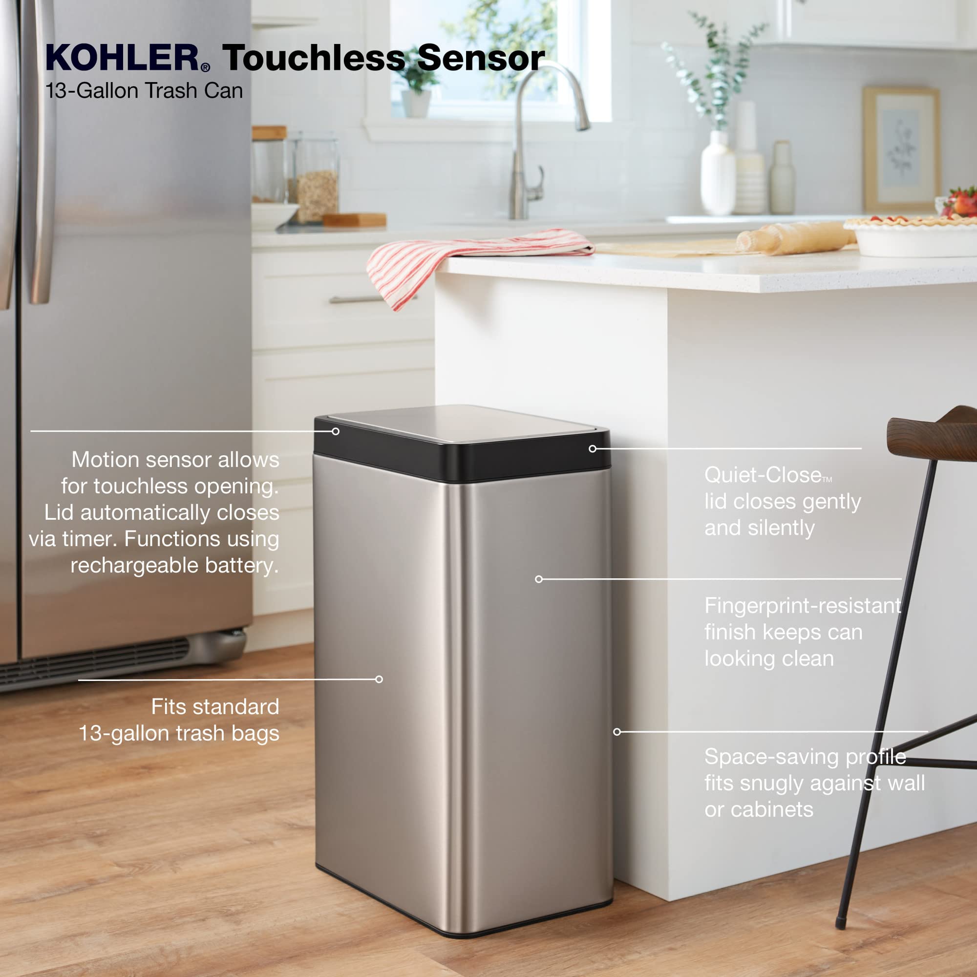 Kohler 23825-St 13 Gallon Sensorcan, Automatic Touchless Motion Sensor Kitchen Trash Can With Soft Close Lid, Stainless Steel