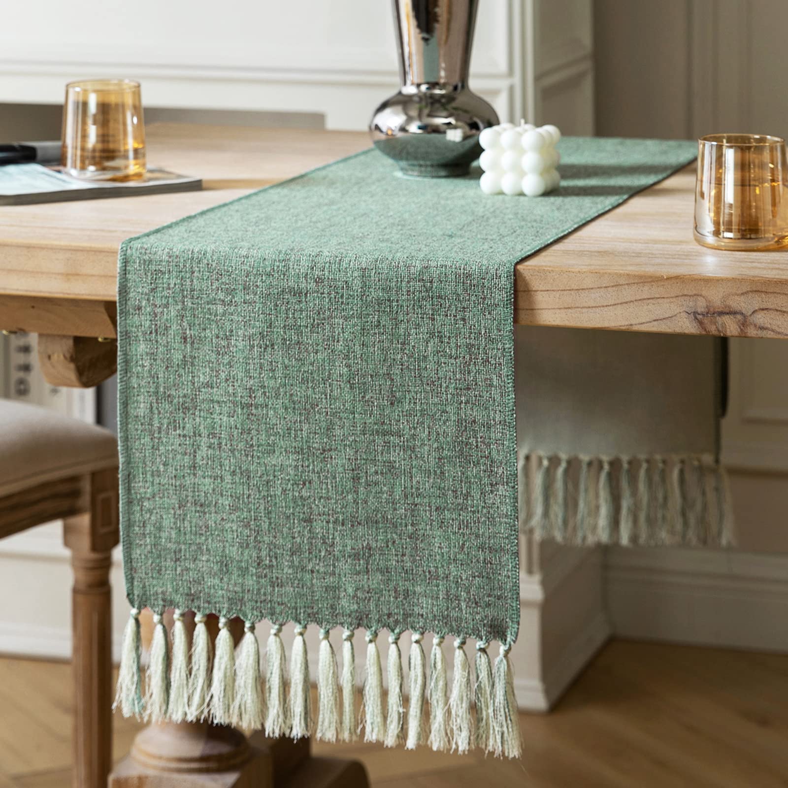 Zeemart Green Table Runners 90 Inches Long, Burlap Linen Style Rustic Farmhouse Table Runner, Long Boho Dining Table Runner, 13X