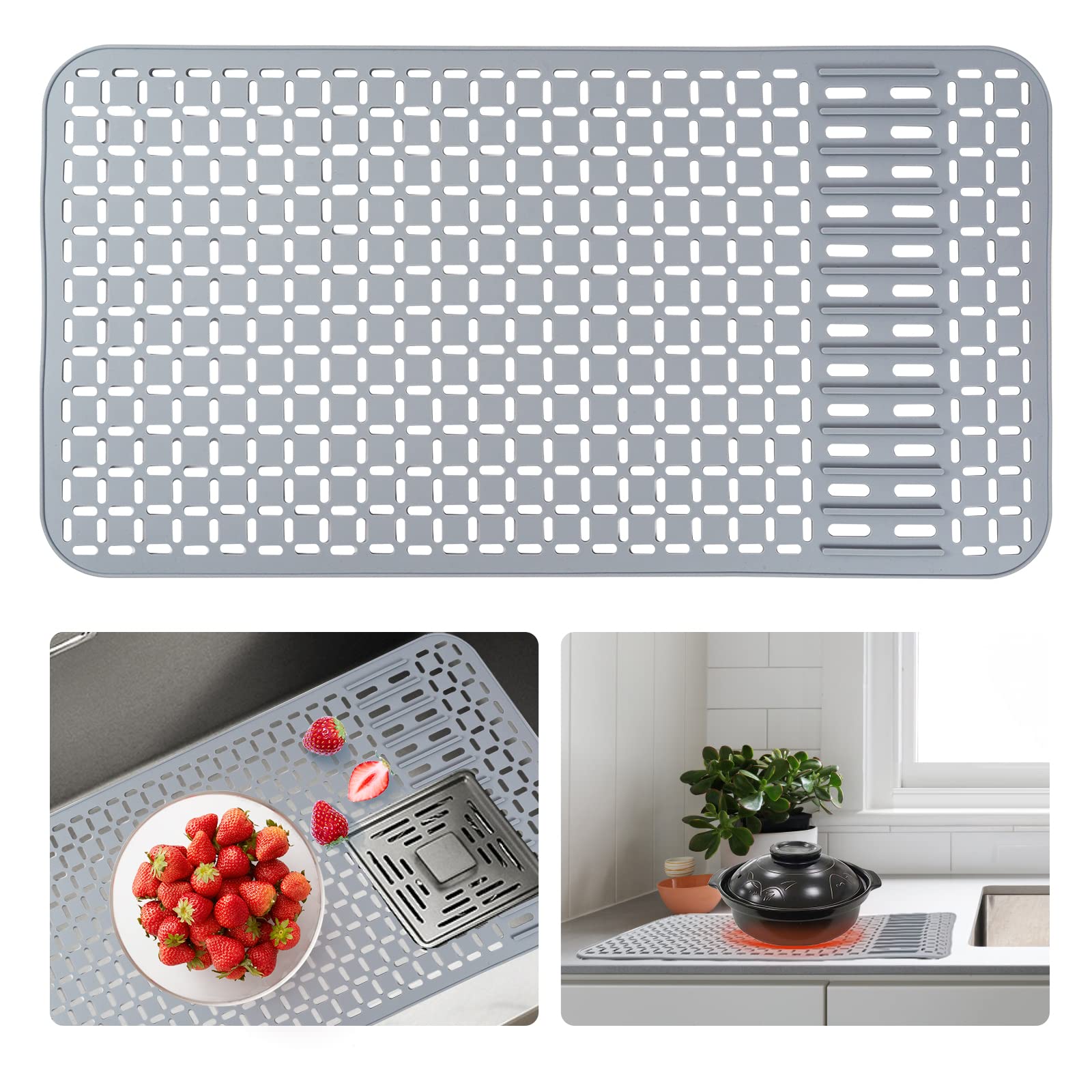 Silicone Sink Mat 26''X14'' Kitchen Sink Protector Mat With Diy Drain Hole, Grey Farmhouse Silicone Sink Mat Protector 1Pcs Kitc