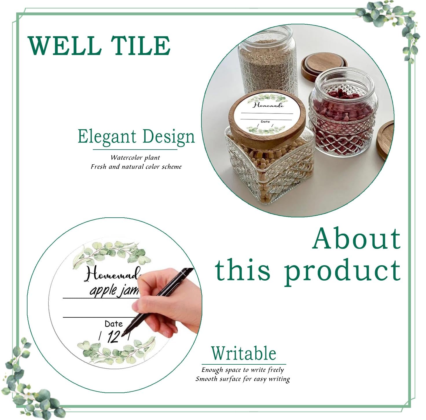 Watercolor Green Plants Canning Stickers Round Food Labels 2 Inch - Write On Date Contents Canning Jar Lids Labels With Lines Fo