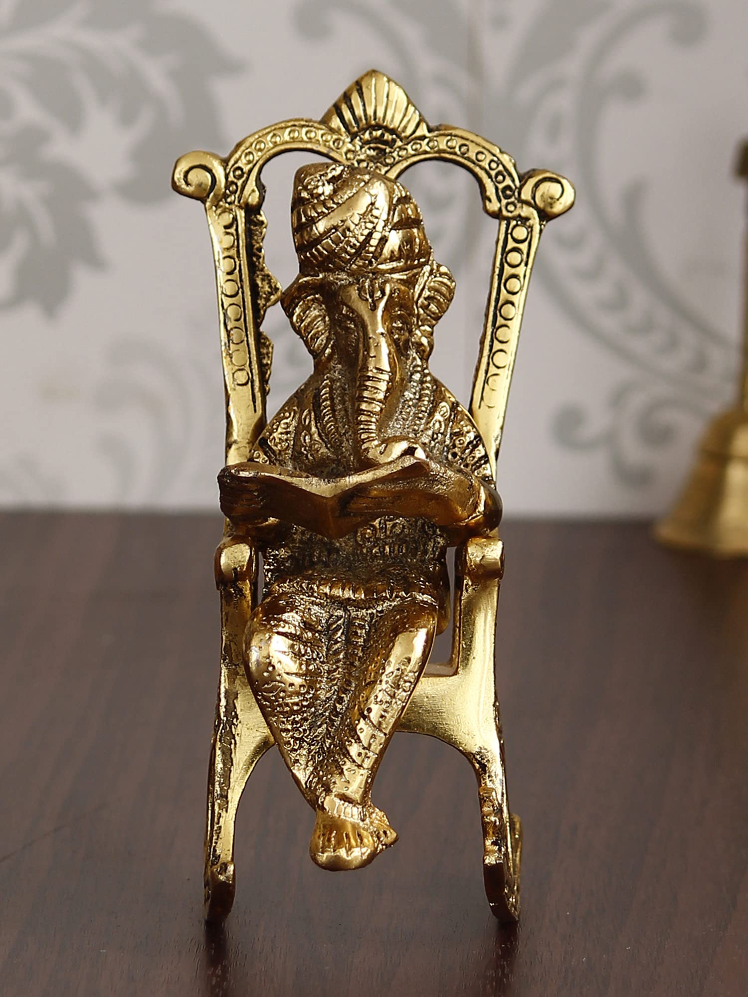 Ecraftindia Golden Metal Lord Ganesha Idol Reading Book On Rocking Chair - Decorative Hindu God Statue For Home Decor - Gift For