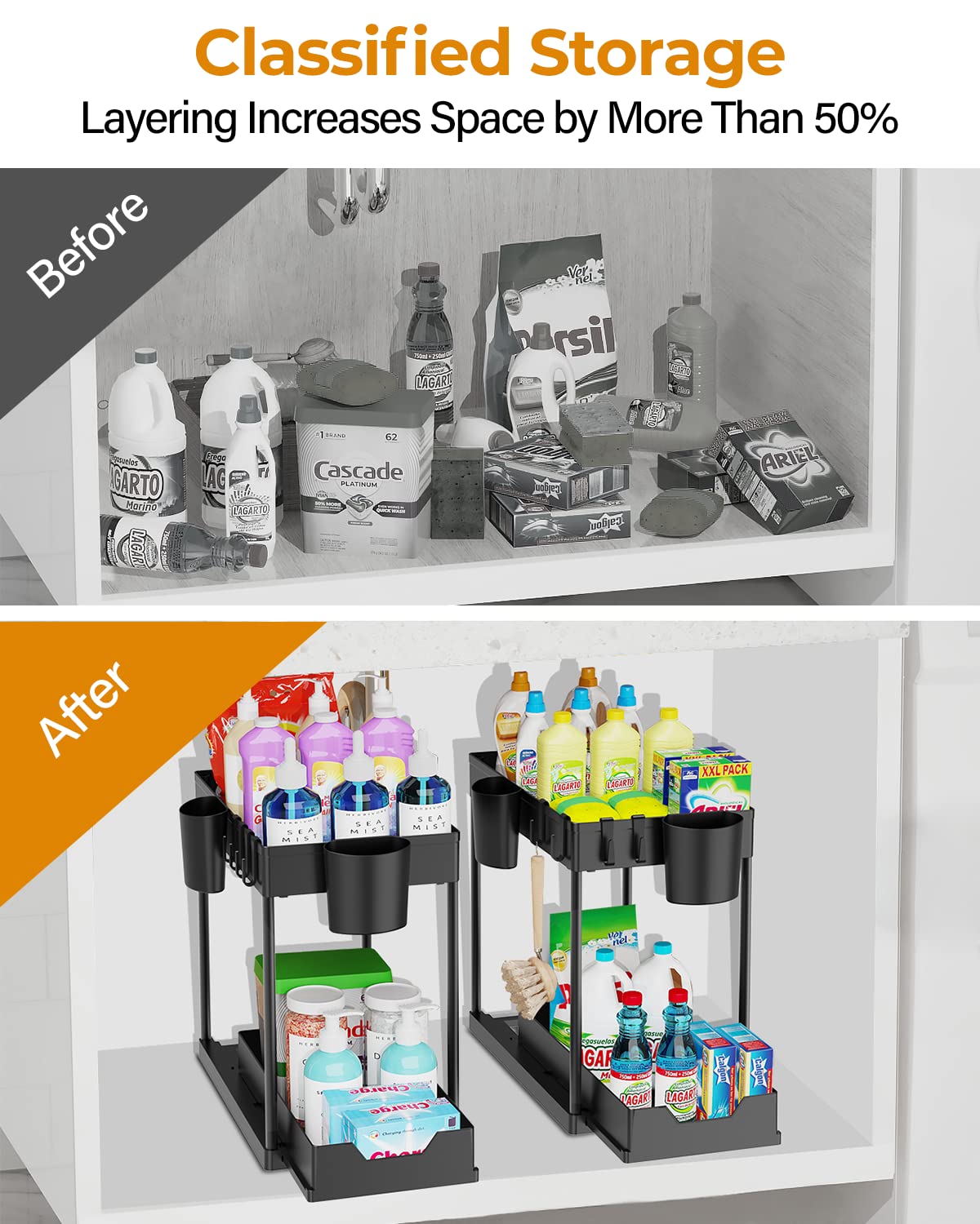 2 Pack Under Sink Organizers And Storage Bathroom, 2 Tier Under Sliding Kicthen Cabinet Basket Organizer With Hooks, Hanging Cup