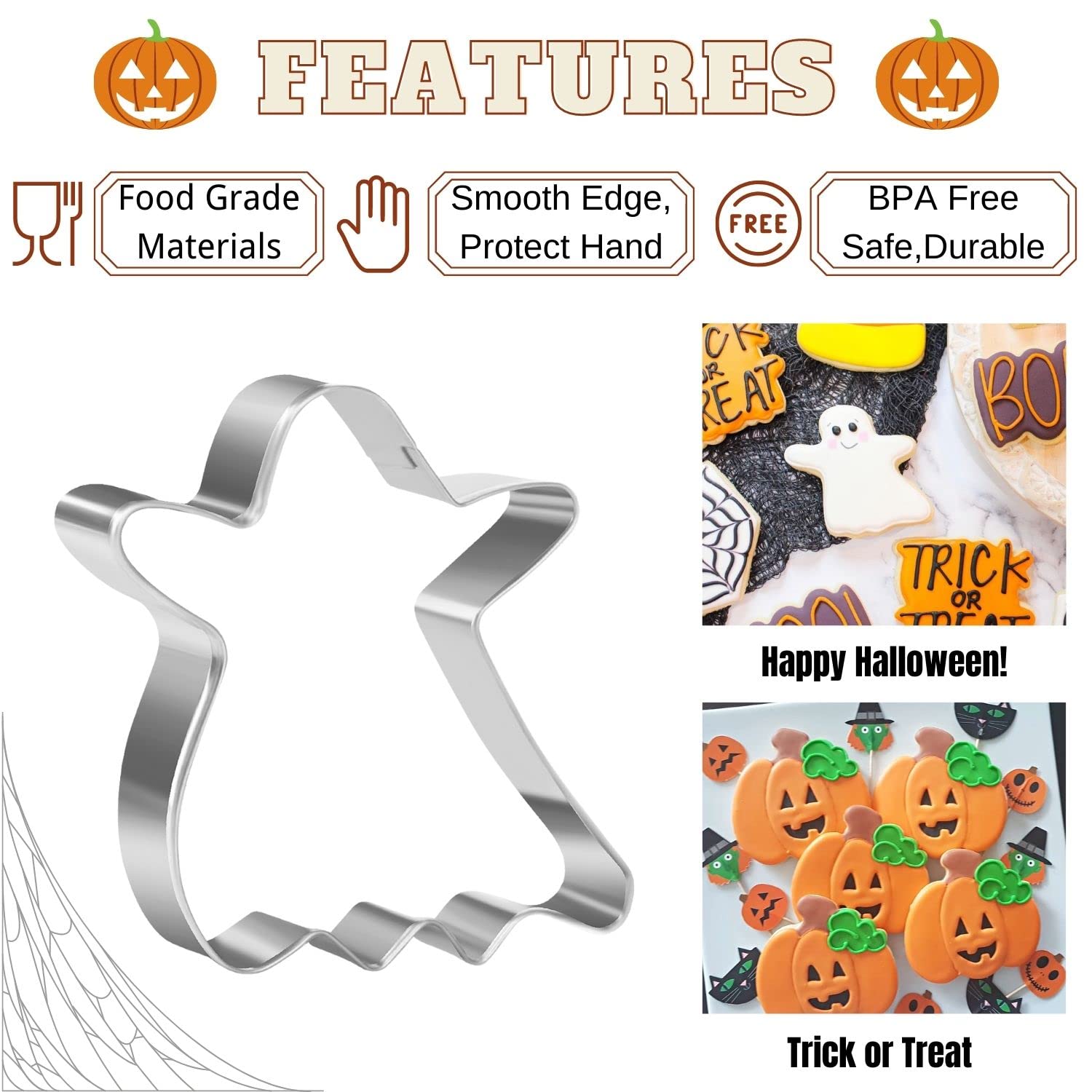 Crethinkaty 4 Pieces Halloween Cookie Cutters Set For Baking - Ghost,Bat,Pumpkin And Skull,Round Shape Stainless Steel Holiday B