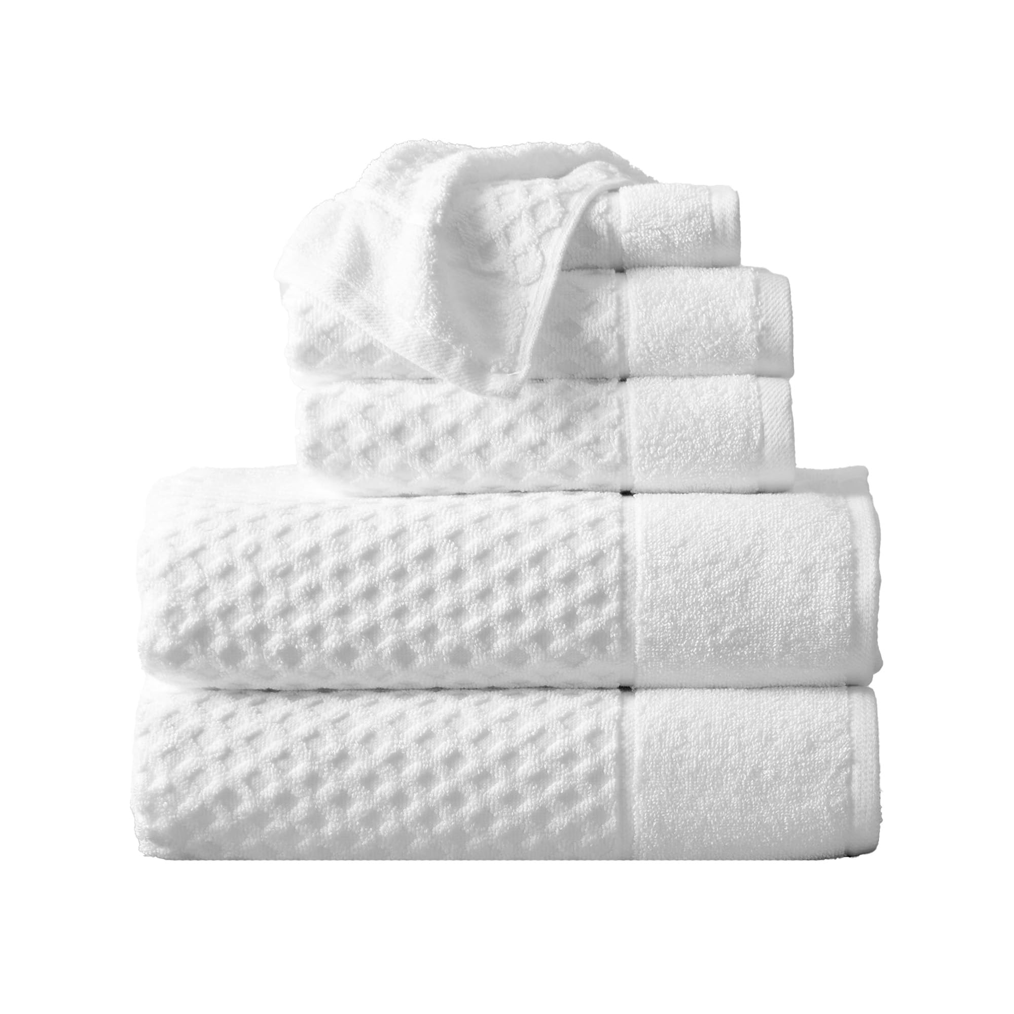 Great Bay Home 100% Cotton Bath Towel and Washcloth Sets | 2 Bath Towels  2 Hand Towels  and 2 Washcloths | Quick Dry Bath Towels | Grayson Collection (6 Piece Set  Diamond Optic White)