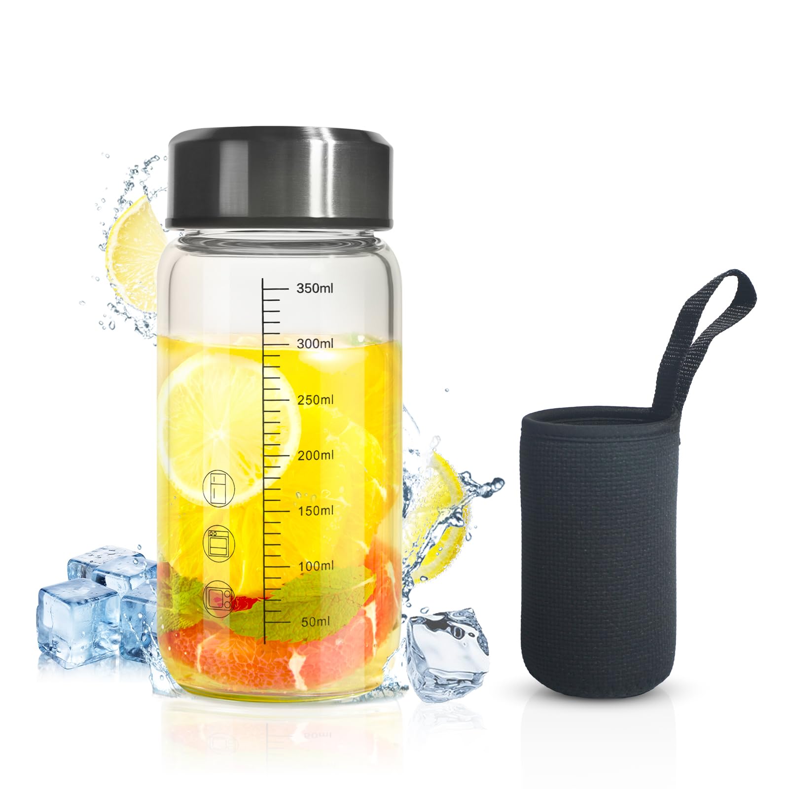 Tongrang-Life 12Oz Glass Water Bottle,Glass Shaker Bottle,0.15In/3.8Mm Thick Glass,Small Wide Mouth Glass Water Bottle With Lid,
