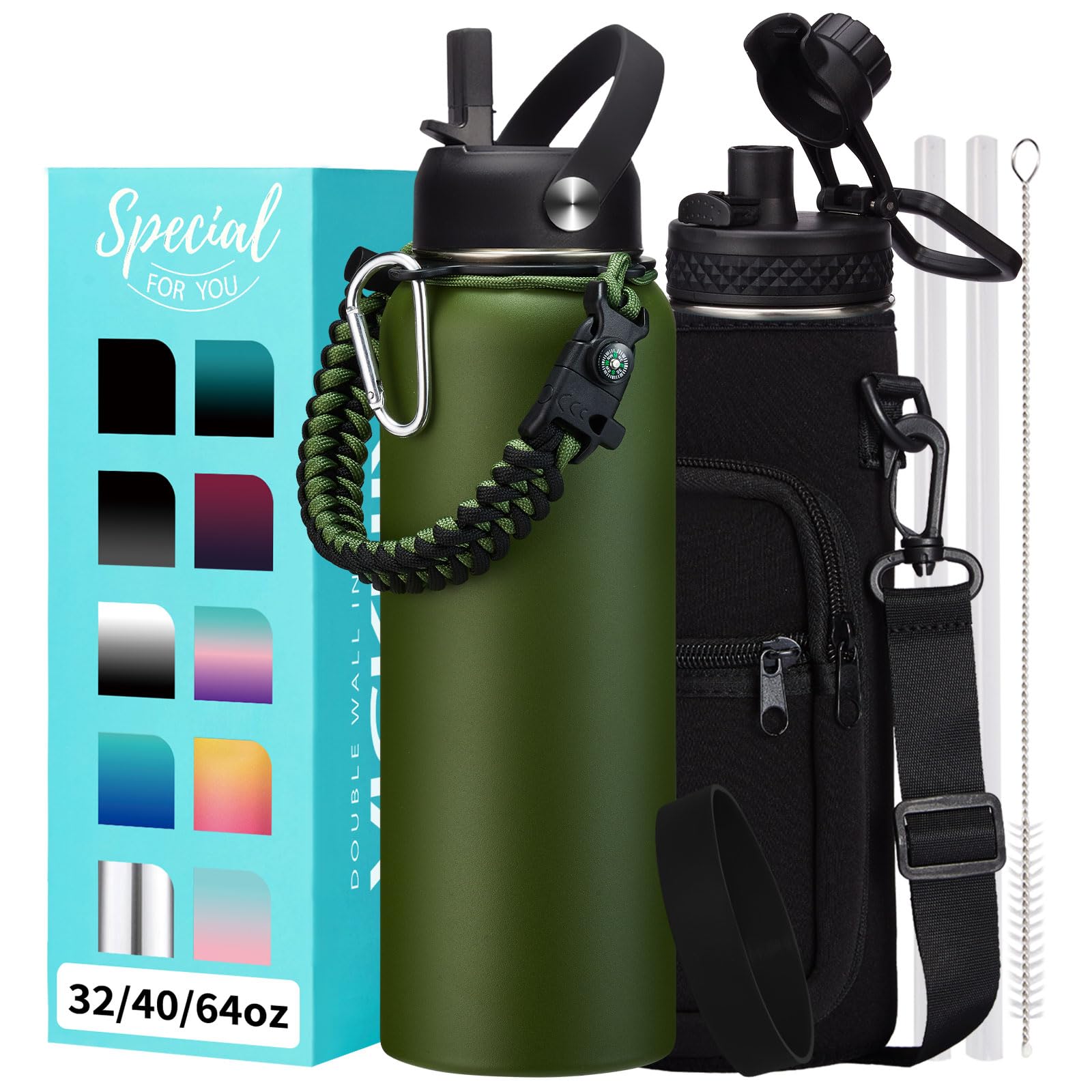 Stainless Steel Sports Water Bottle - 32/40/64 Oz Insulated Water Jug with Straw & Auto Spout Lid, Paracord Handle, Bottle Sleev