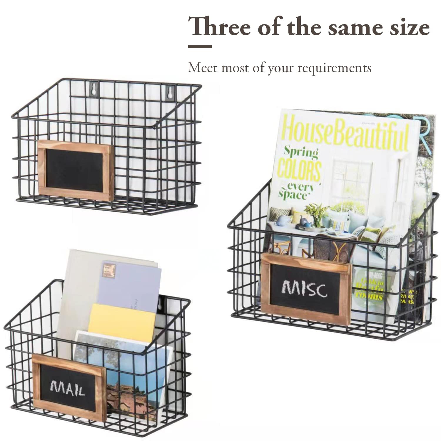 Mygift Black Metal Wire Hanging Storage Basket With Chalkboard Labels, Small Organizer Bin, Set Of 3