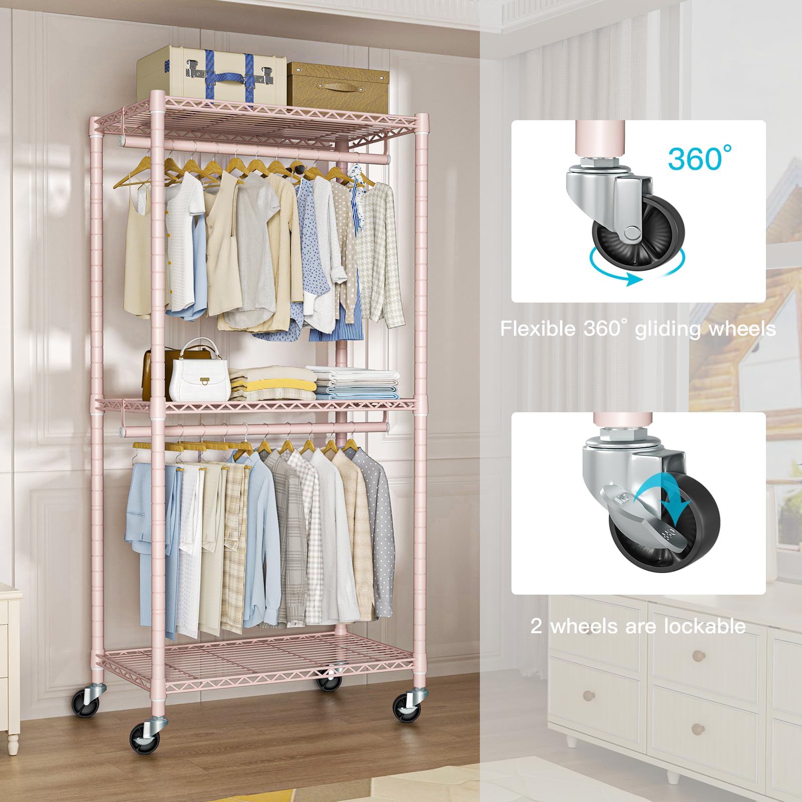 Futassi P1 Medium Heavy-Duty Portable Closet, 30'' W X 14'' D X 76'' H, Metal Rolling Clothing Rack, Pink