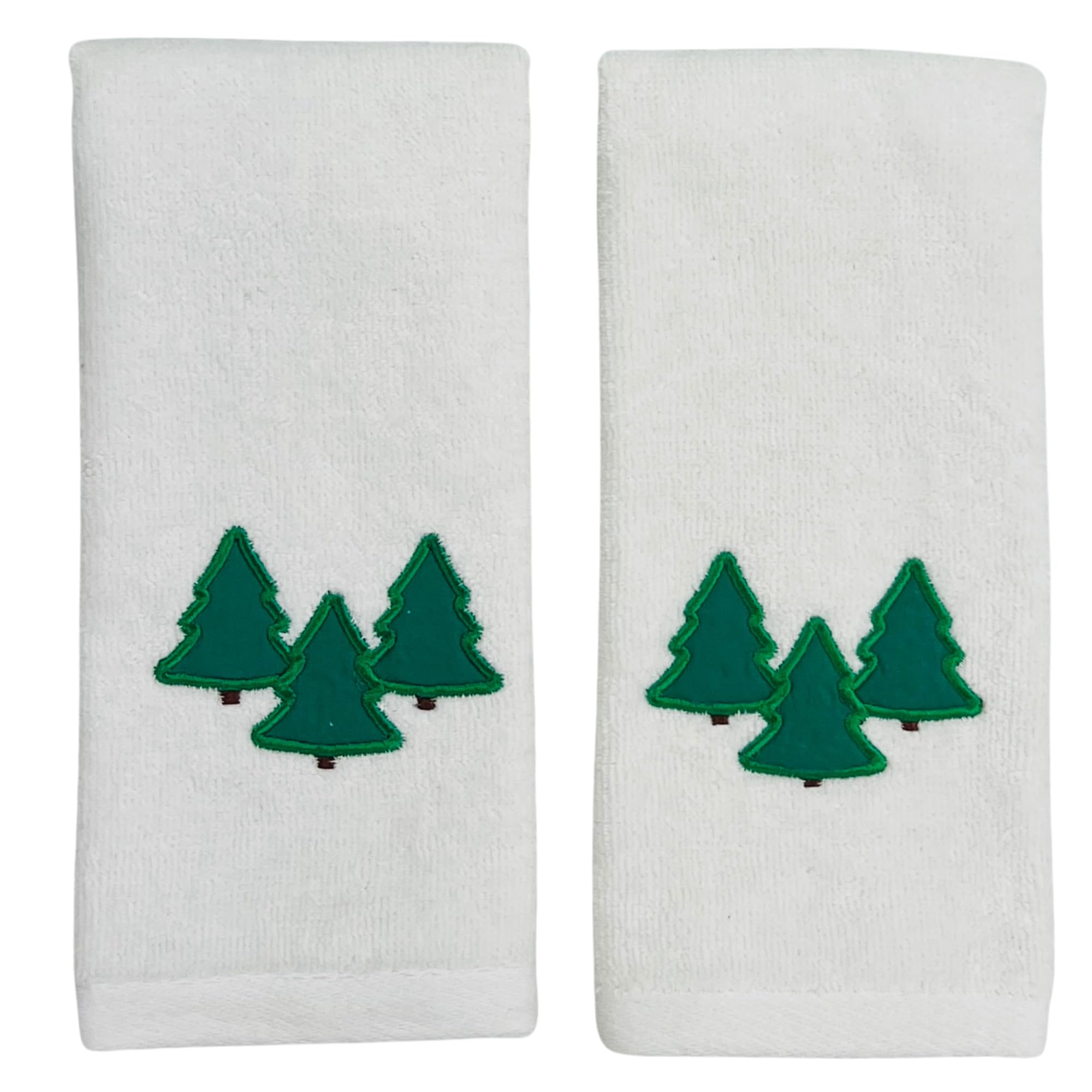 Farmhouse Christmas Fingertip Towels: Plush Velour Cotton Embroidered Forest Trees, One With Decorative Plaid, Set Of 2