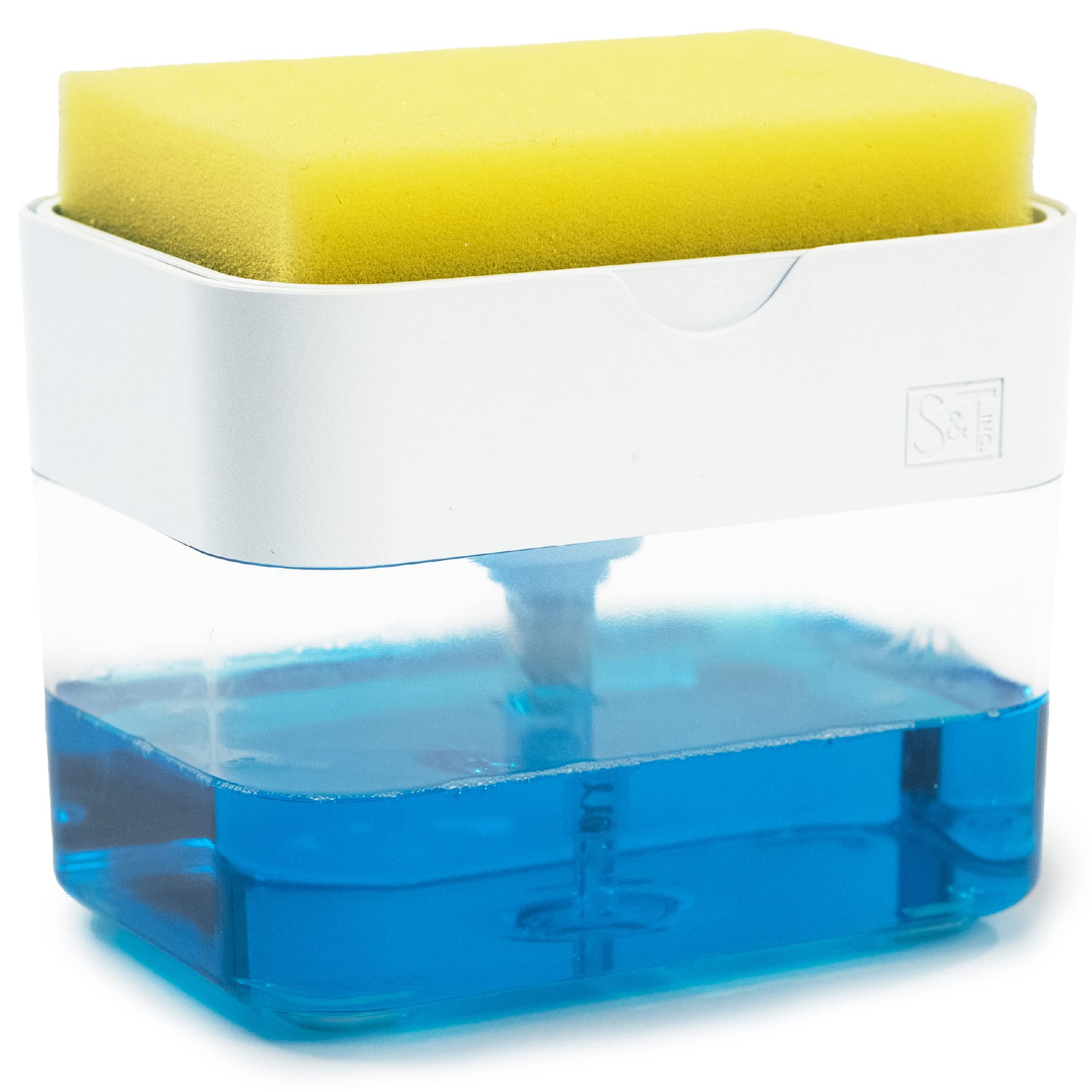 S&T Inc. Dish Soap Dispenser And Sponge Holder For Kitchen Sink With Enhanced Features, Sponge Included, 13 Ounces, Matte White