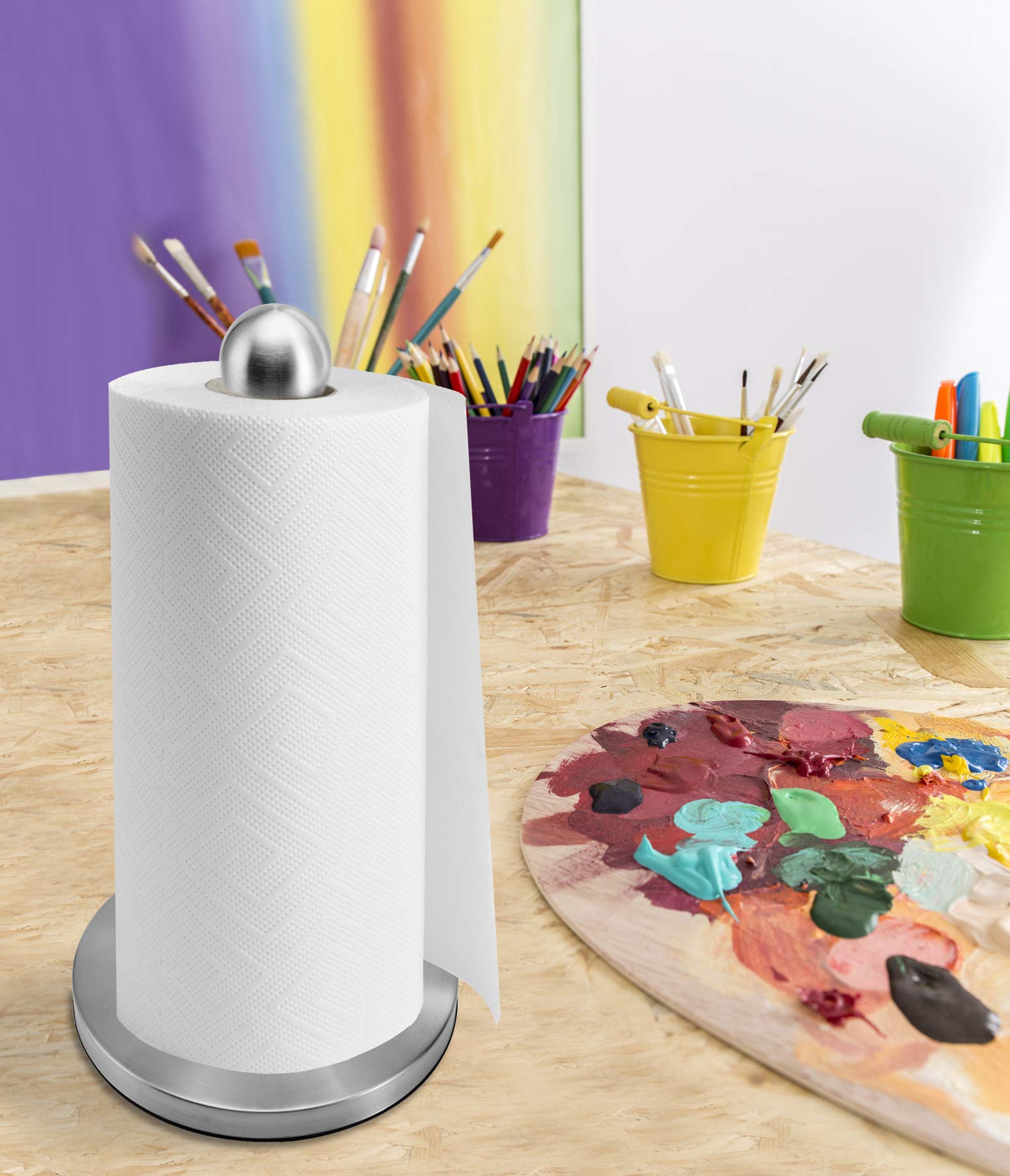 Kamenstein Perfect Tear Low Profile Stainless Steel Countertop Paper Towel Holder, Ball Finial, One Handed Pull, No Unraveling,