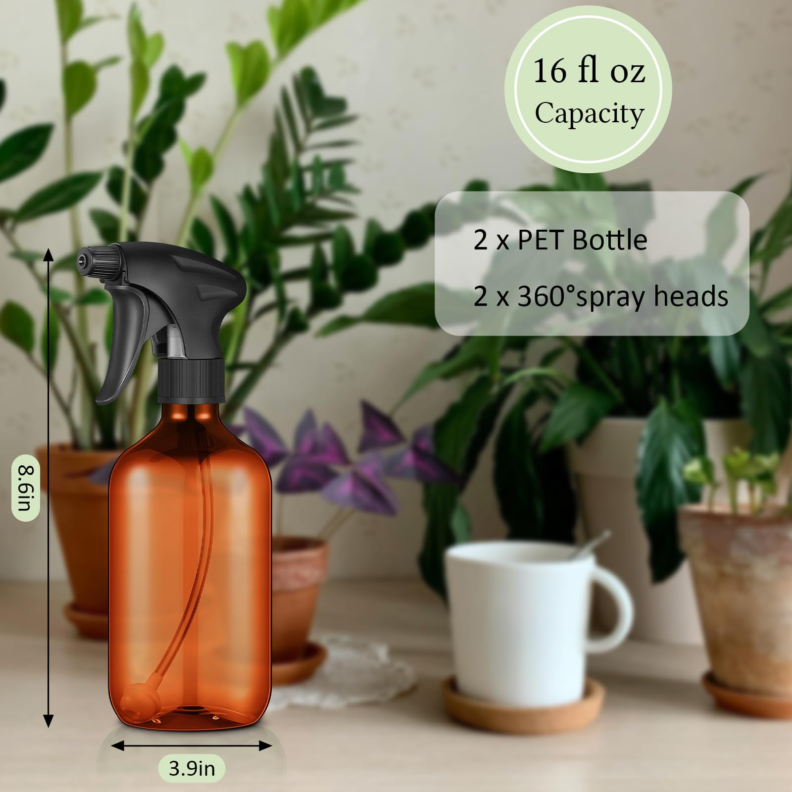 Honeydak 2 Pcs 360 Spray Bottle, 16 Oz/ 500 Ml Plastic Upside Down Spray Bottles For Cleaning, Plants, Hair Water, With Nozzle W