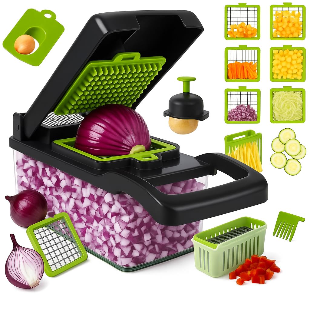 14-in-1 Vegetable Chopper, Mandoline Slicer and Food Processor - Kitchen Essentials for Effortless Food Prep - Includes Salad Spinner, Cheese Grater, Onion Chopper, French Fry Cutter, and More-New Condition