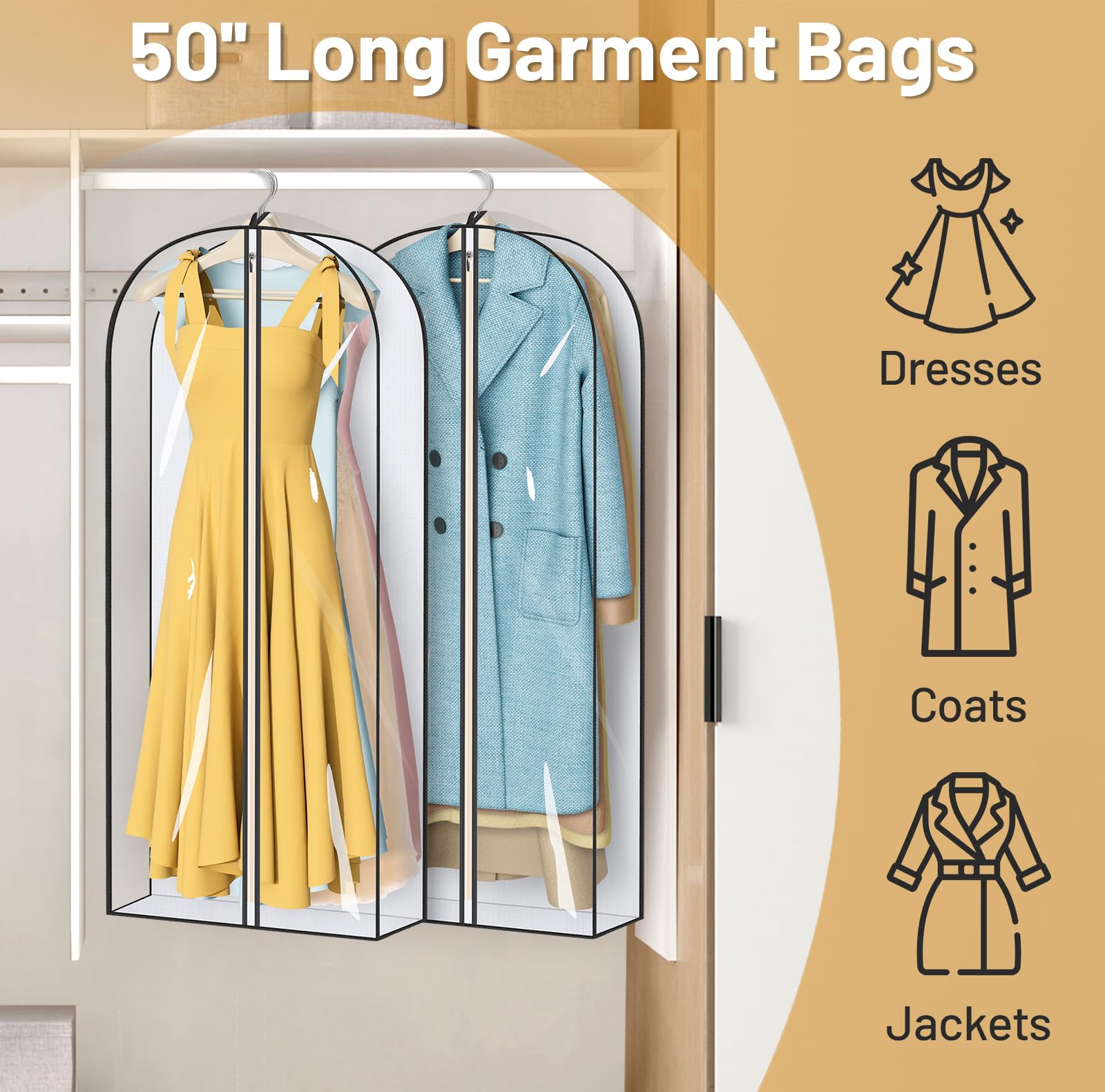 Misslo 50'' Clear Garment Bags For Hanging Clothes 4'' Gusseted Long Dress Bags For Closet Storage Breathable Dress Cover For Su