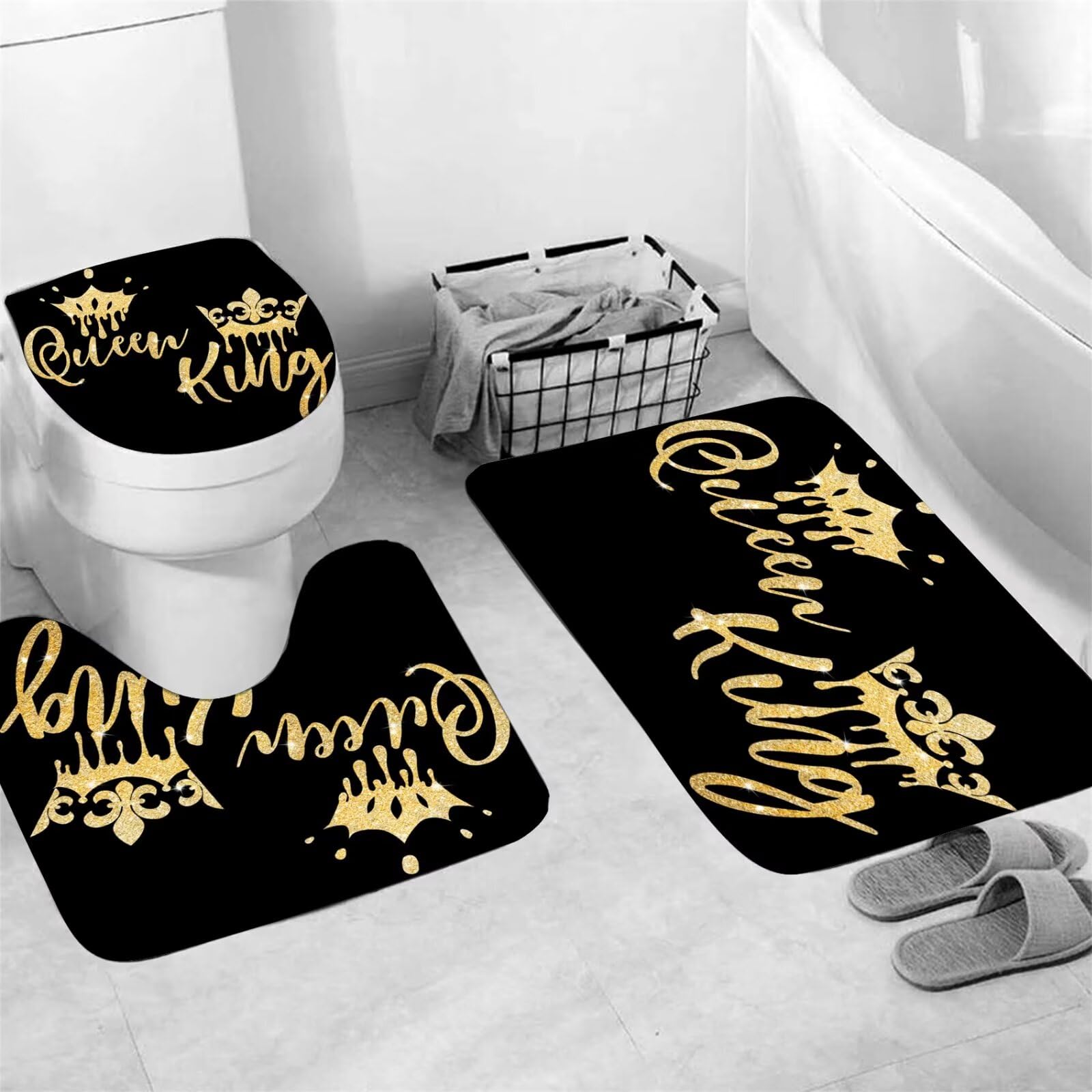 Azhm Queen And King Shower Curtain Set For Bathroom 4 Pcs Black Bathroom Accessory Decor Sets With Shower Curtain And Rugs