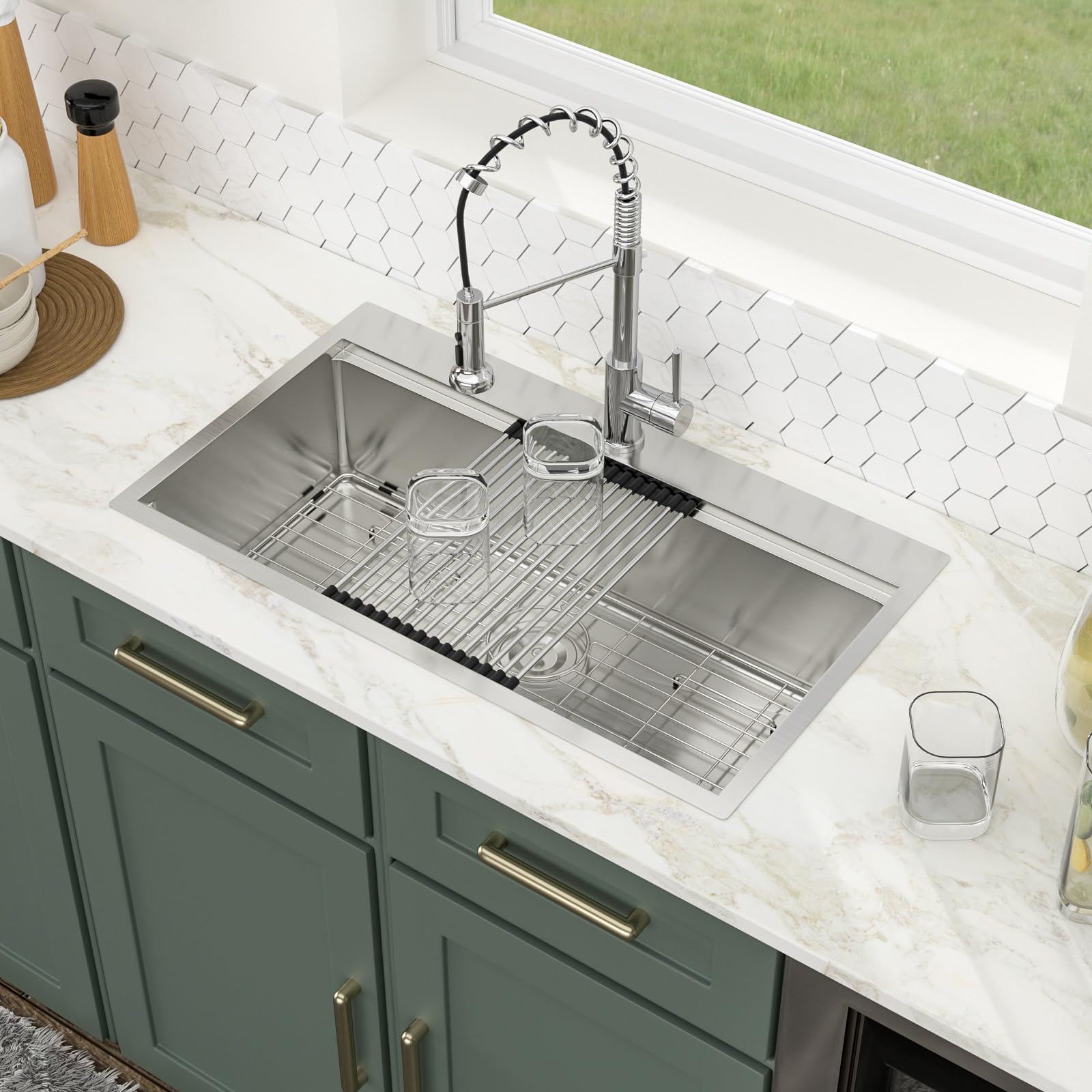 Logmey 33 Drop In Kitchen Sink - 33X19 Inch Stainless Steel 16 Gauge Workstation Kitchen Sinks Ledge Workstation Sink Single Bow