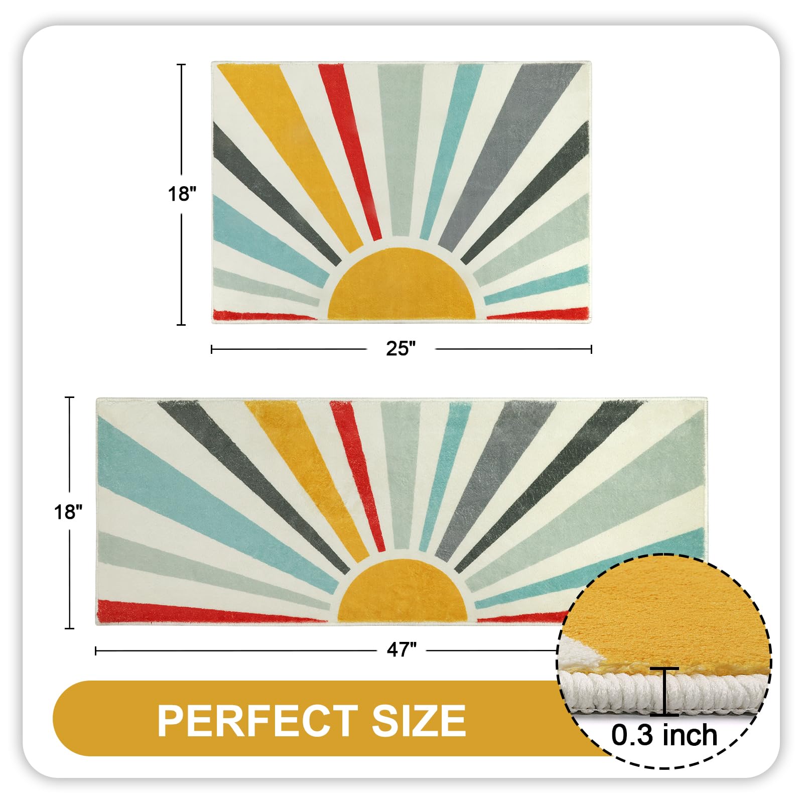 Uphome Boho Bath Mat Set Modern Colorful Sun Bathroom Rug Sets 2 Piece Non-Slip Soft Cute Long Bathroom Rugs Machine Washable Bl