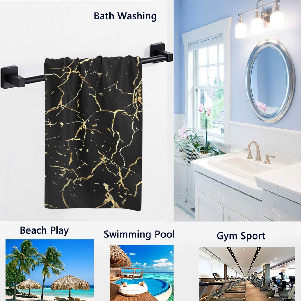 Naanle 3D Stylish Gold Marbling Print Soft Large Hand Towels Multipurpose For Bathroom, Hotel, Gym And Spa (16'' X 30'',Black Fl