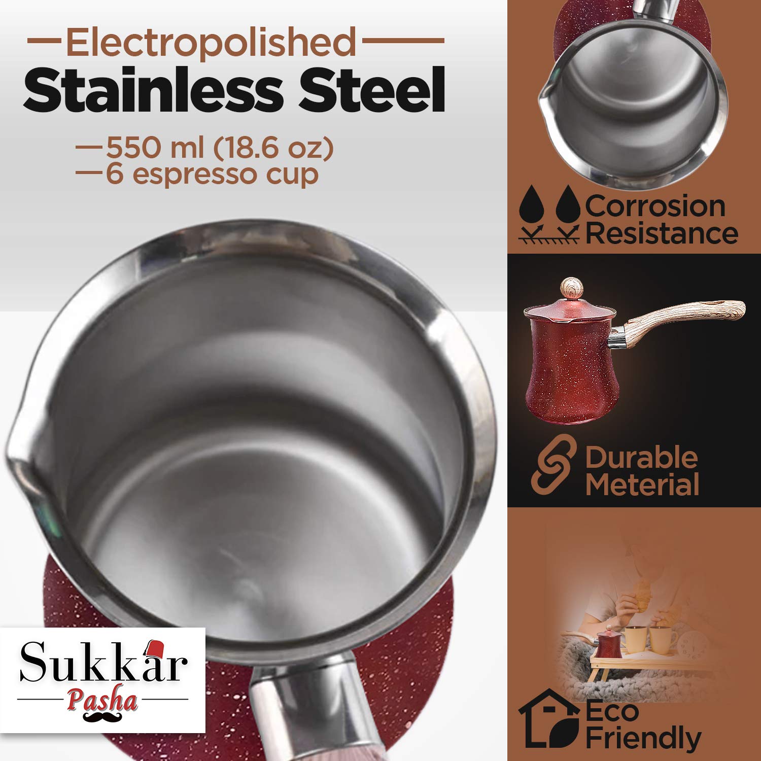 18.6 Oz Turkish Coffee Pot - Turkish Ibrik For Flavorful Coffee - Multipurpose Arabic Coffee Pot With Lid - Heavy-Duty Stainless