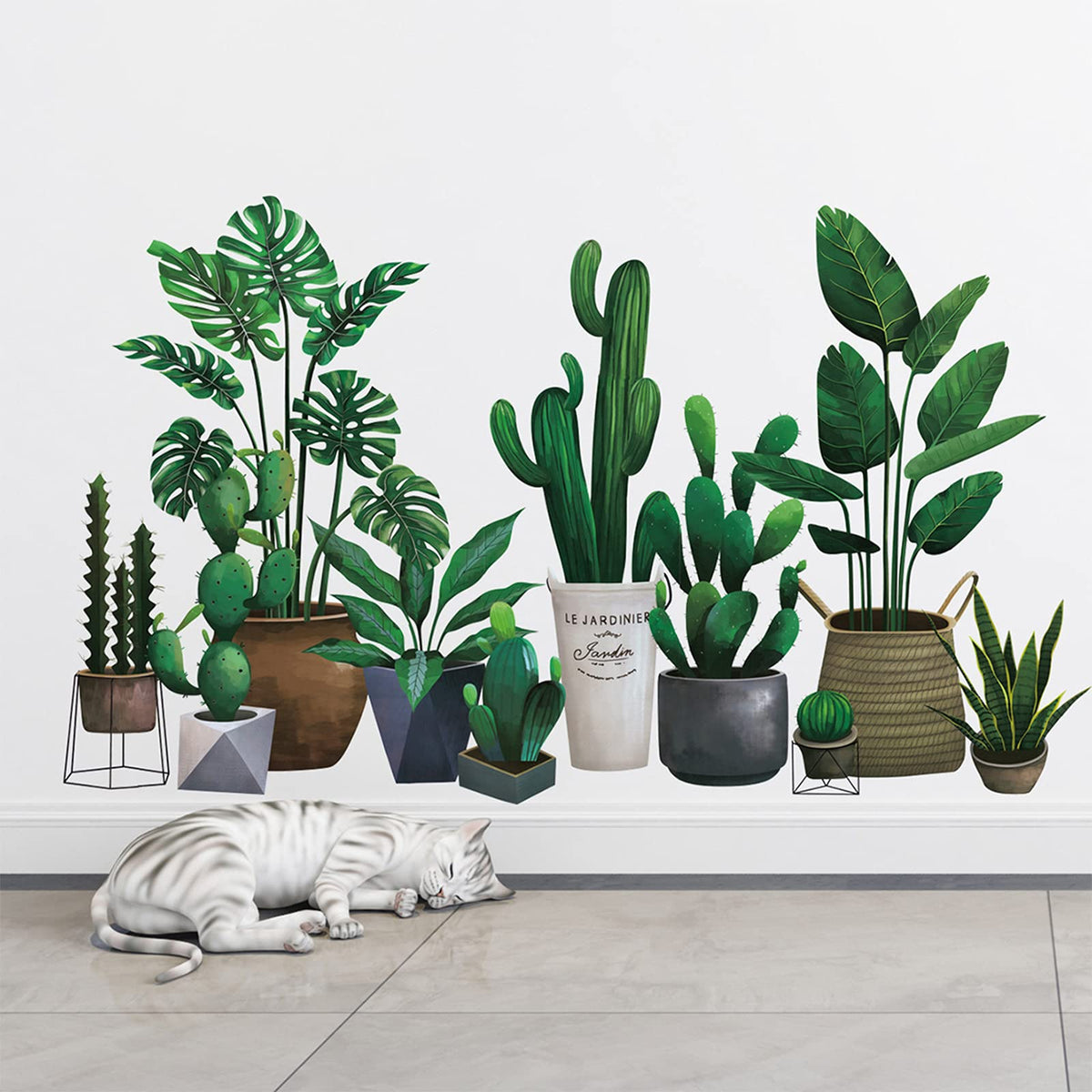 Green Pot Plants Leaves Wall Decals, Monstera Cactus Bonsai Tropical Potted Plants Wall Stickers, Removable Palm Tree Leaf Diy A
