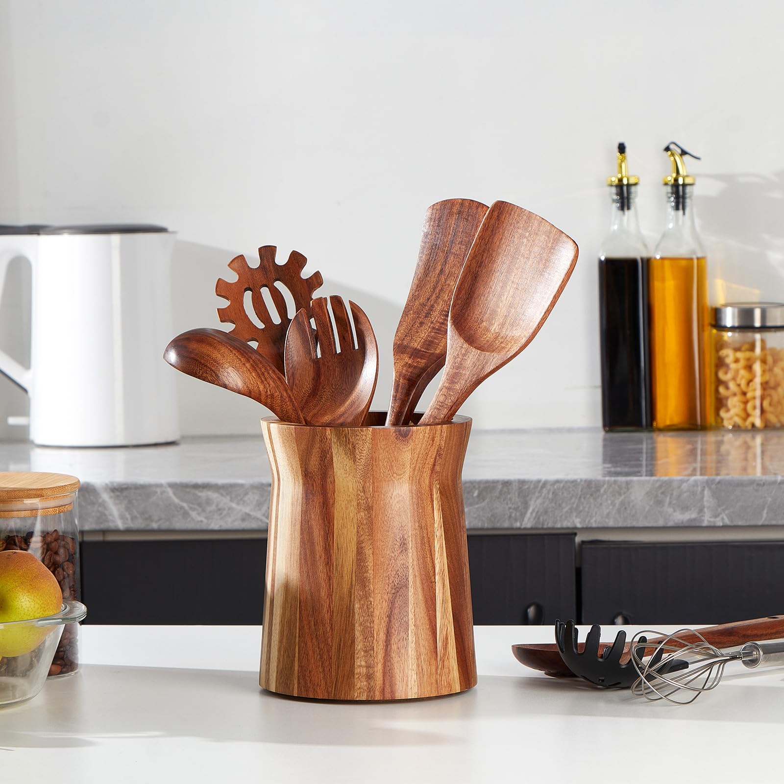 Lohoner Wooden Utensil Holder For Countertop, 360 Rotating Kitchen Utensil Holder, 7.2''X 6'' Large Acacia Cooking Utensil Holde