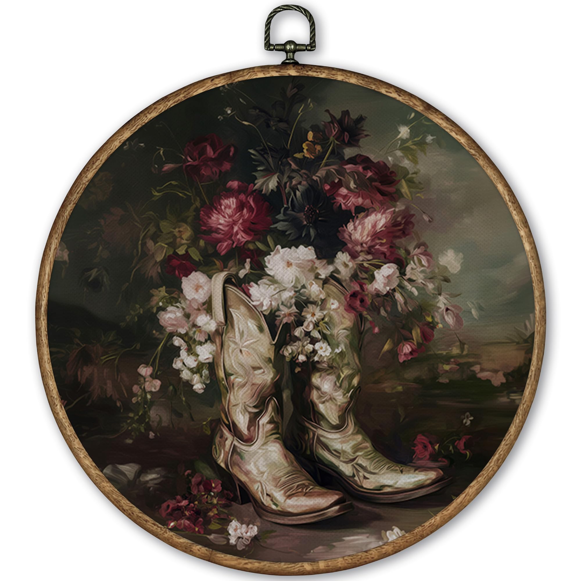 Tleske Moody Floral Western Cowgirl Round Wall Art Decor Framed 10X10, Preppy Cowgirl Boot Canvas Wall Art Prints Artwork, Dark 