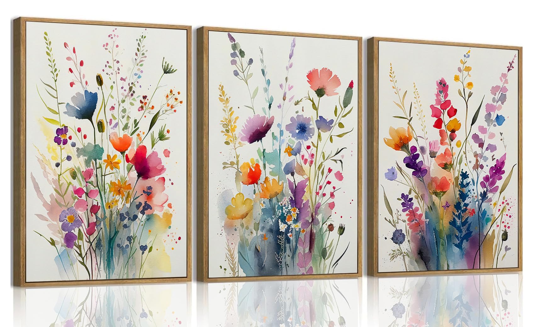 Kissfox 3 Piece Colorful Wildflower Botanical Framed Wall Art Watercolor Floral Canvas Art Prints Boho Flower Pictures Wall Deco