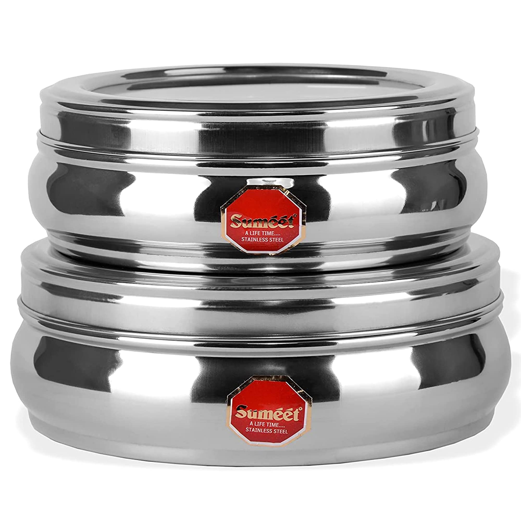 Sumeet Stainless Steel Belly Shape Flat Canisters/Puri Dabba/Storage Containers Set Of 2Pcs With See Through Lid (No. 11 & No.12