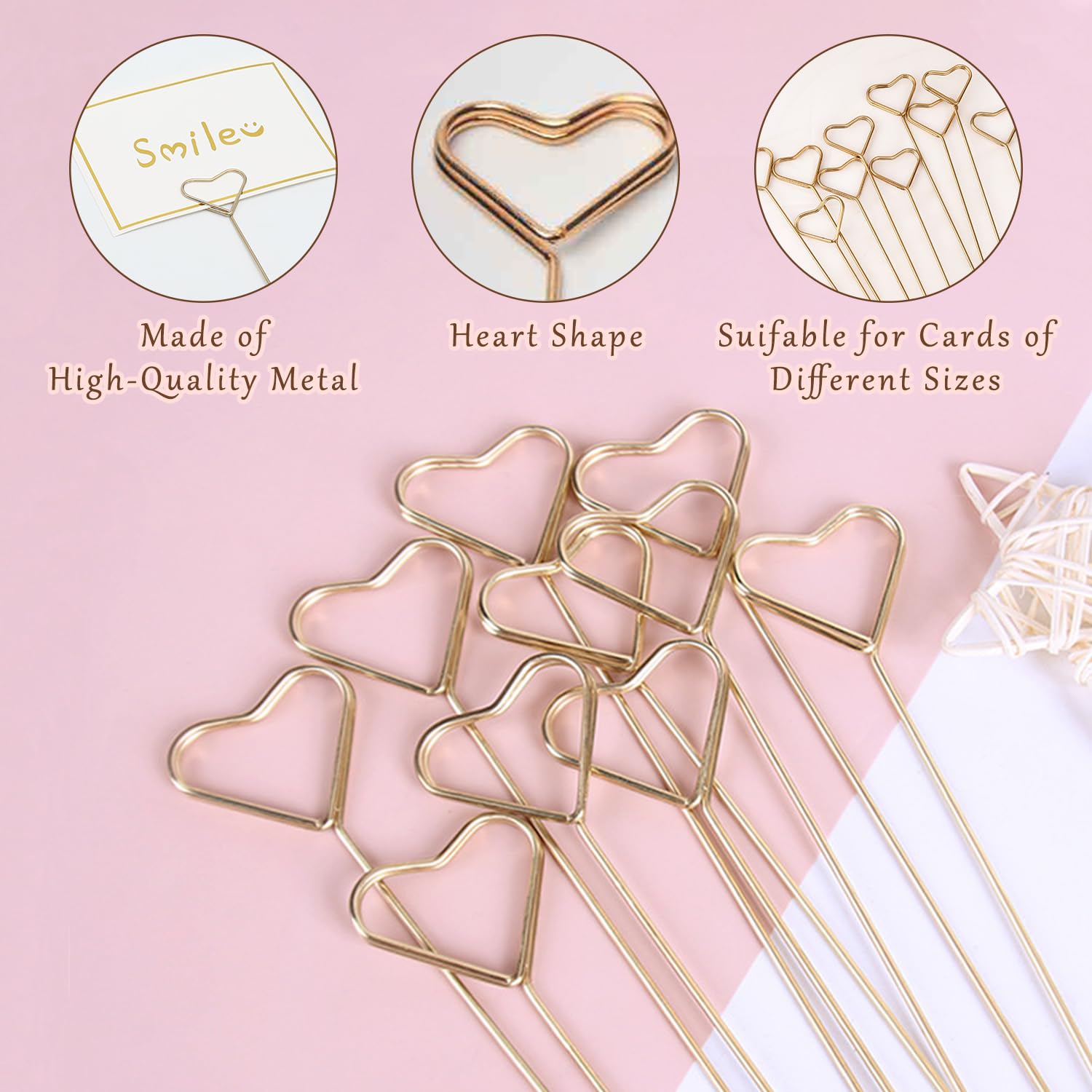 Syeycw 50 Pcs Florist Card Holder Sticks, Flower Card Holder Stick, Heart Shape Flower Card Holders, Gold Metal Card Picture Hol