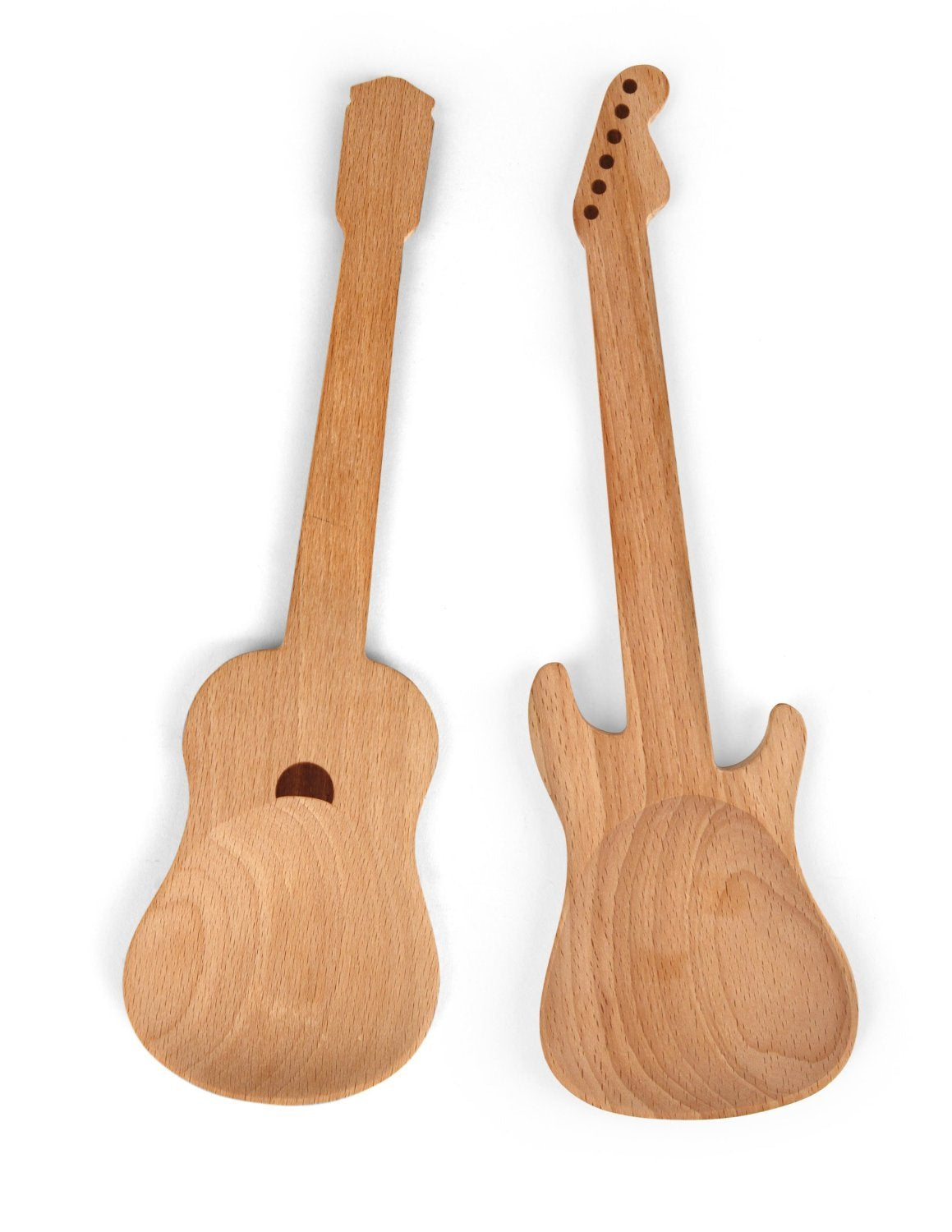 Kikkerland Guitar Style Rockin Wooden Novelty Spoons, Long Handle Serving Utensils Set, Heat Resistant, Brush And Fork For Music
