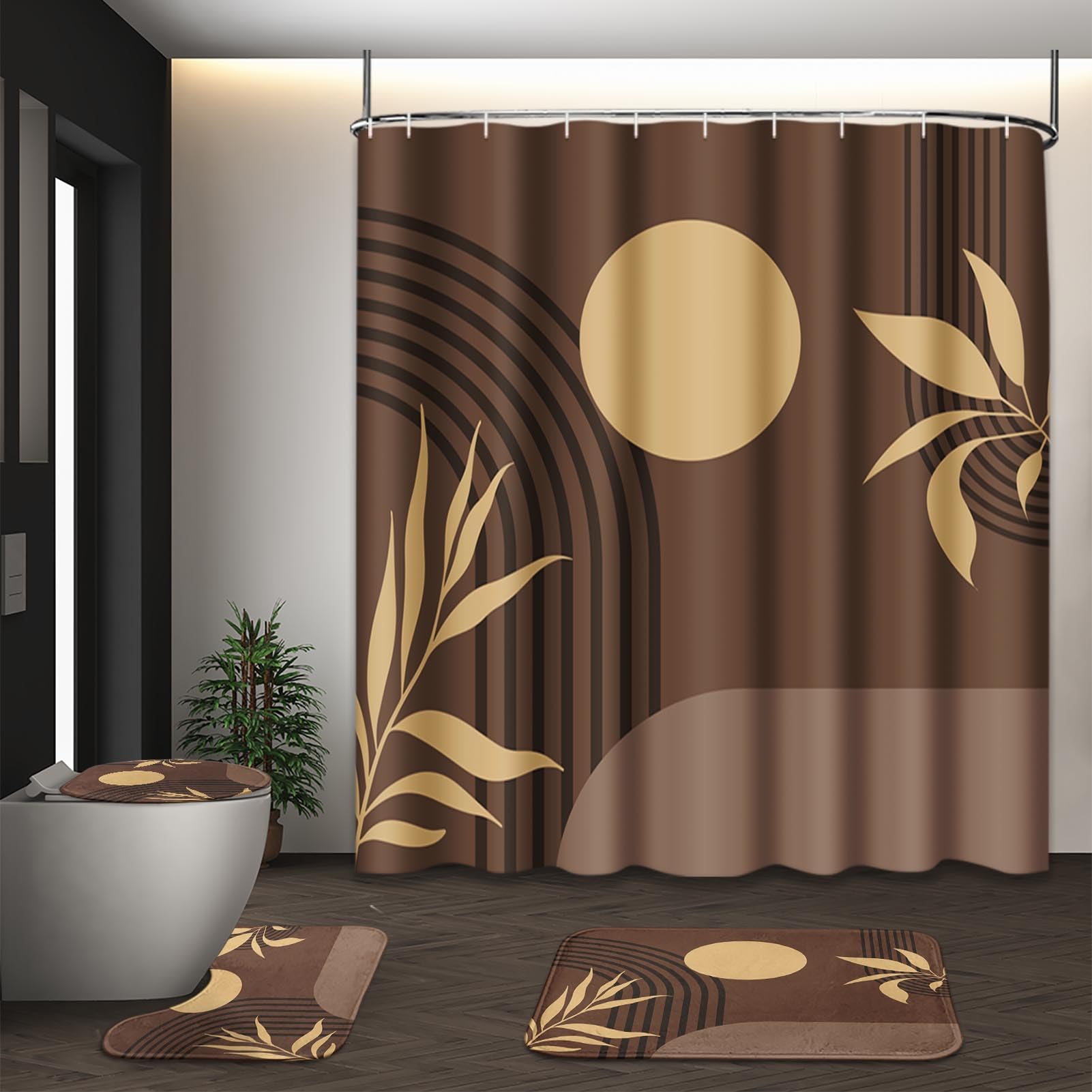 Tayney Boho Mid Century Shower Curtain Set With Toilet Lid Cover And Non-Slip Rugs, Abstract Geometric Brown Background 4 Pcs Mo