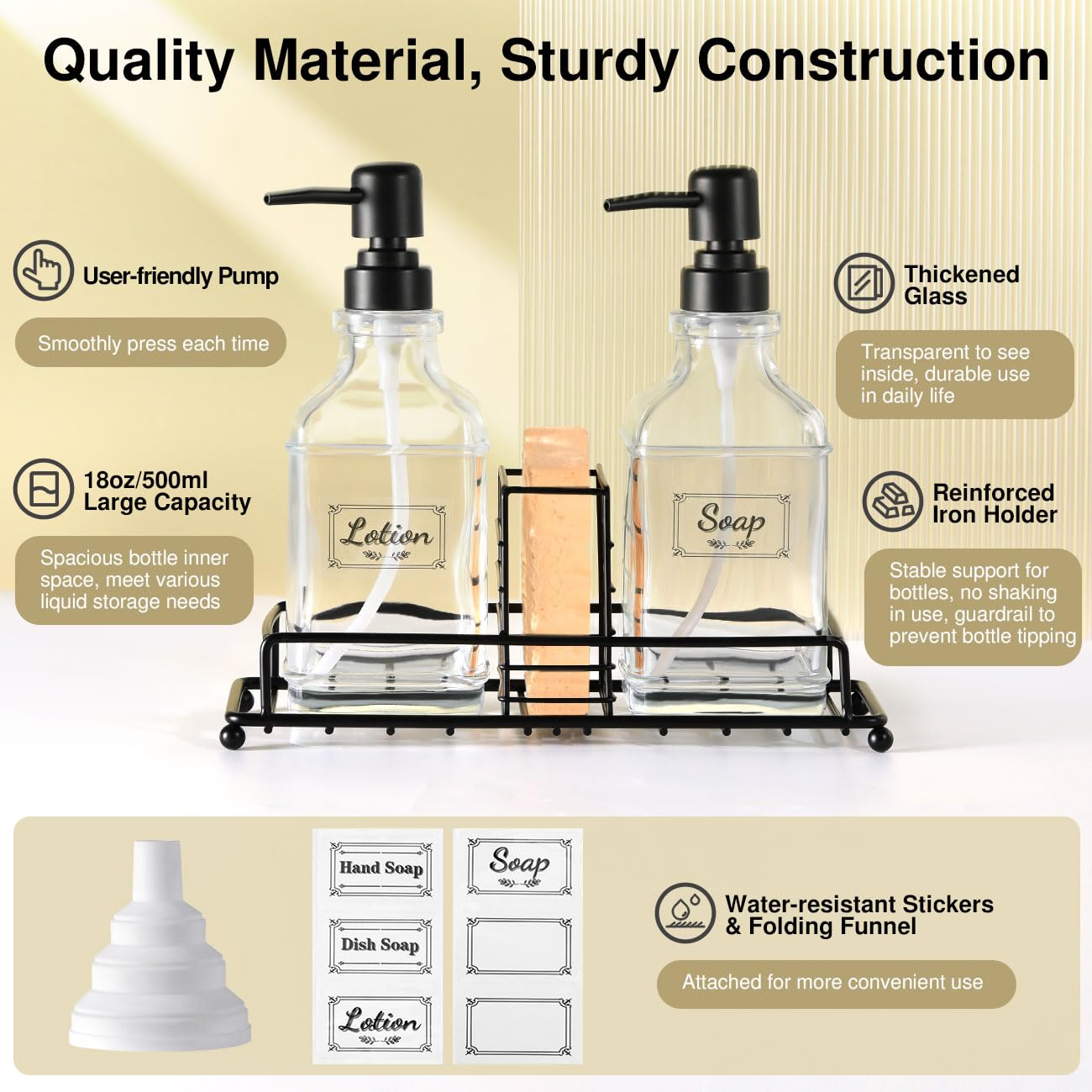 Shinowa Kitchen Soap Dispenser Set, Hand And Dish Soap Dispenser Set With Tray, 2-Pack Thick Glass Soap Dispenser For Kitchen &