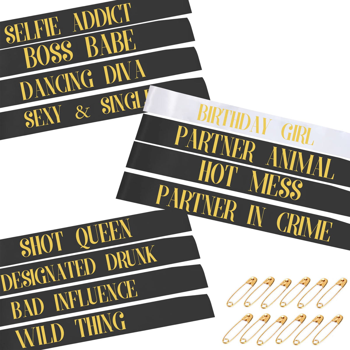Angreel 12Pcs Birthday Sashes For Women Girls, With 1Pcs White Birthday Girl Sash + 11Pcs Black Party Sashes Set For Women Birth