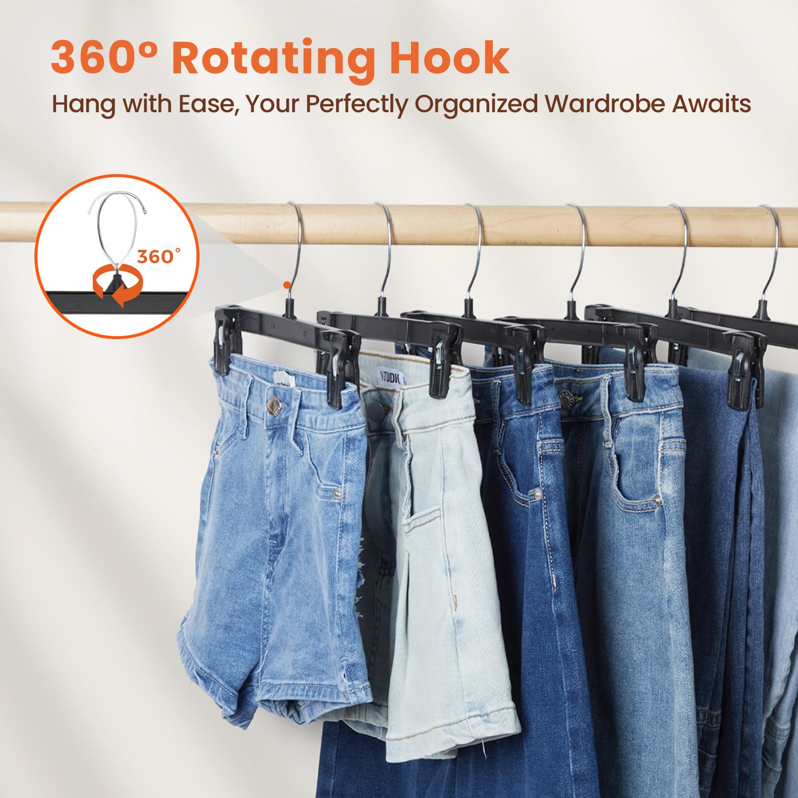 HOUSE DAY Black Pants Hangers 50 Pack  10 Inch Skirt Hangers with Non-Slip Big Clips and 360? Swivel Hook  Heavy Duty Slim Plastic Pants Hangers  Space Saving Clip Hangers for Pants  Skirts  Shorts