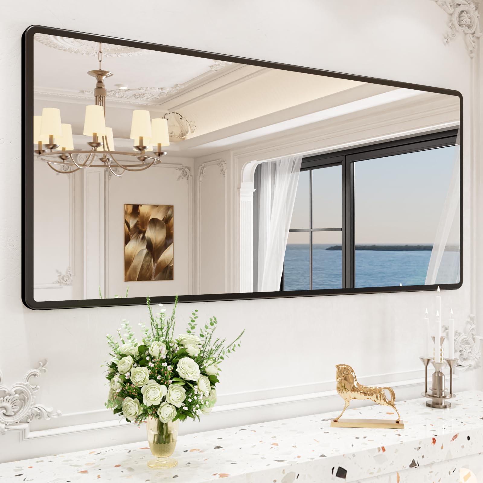 Pertetey New Upgrade 60X28 Inch Wall Mounted Bathroom Mirror, Black Metal Frame Rounded Rectangle Mirror, Bathroom Vanity Mirror