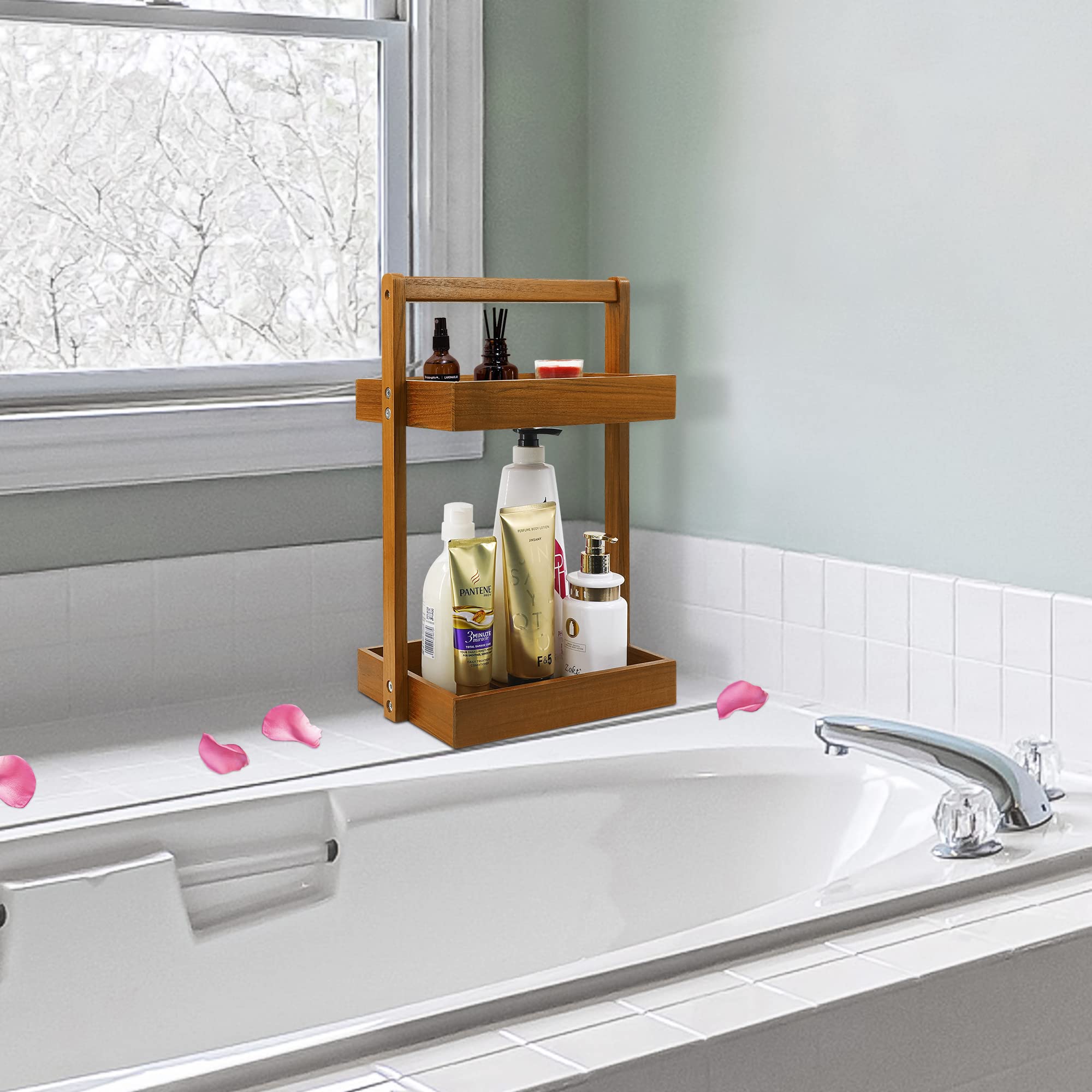 Utoplike Teak Wood Shower Caddy Corner, 2 Tier Bathroom Organizer Countertop, Standing Shower Rack With Handle, Stand Up Shower