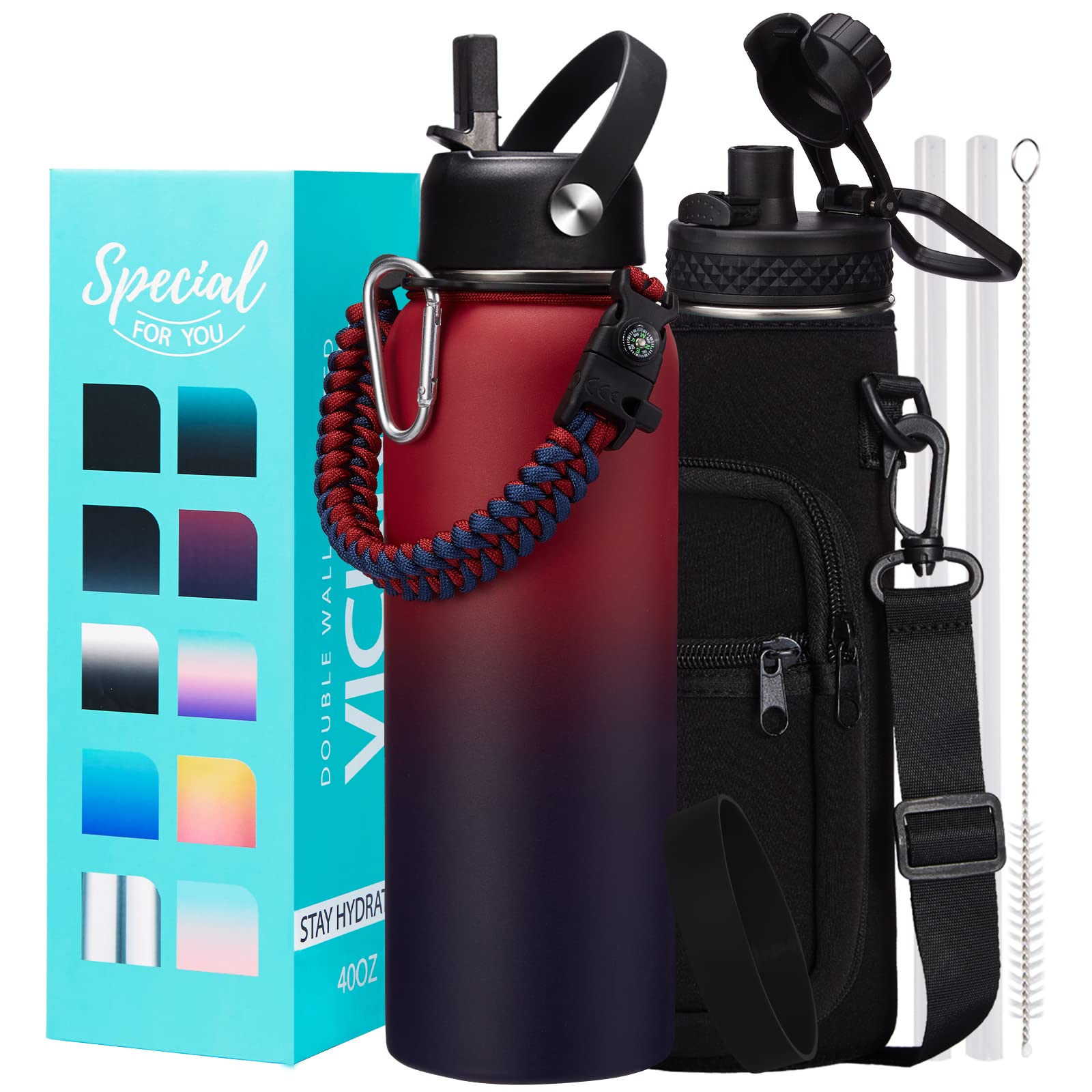 VICKNIY 40 OZ Insulated Water Bottles with Straw Lid, Stainless Steel Water Bottle for Men Women, Wide Mouth Water Flask Sports 