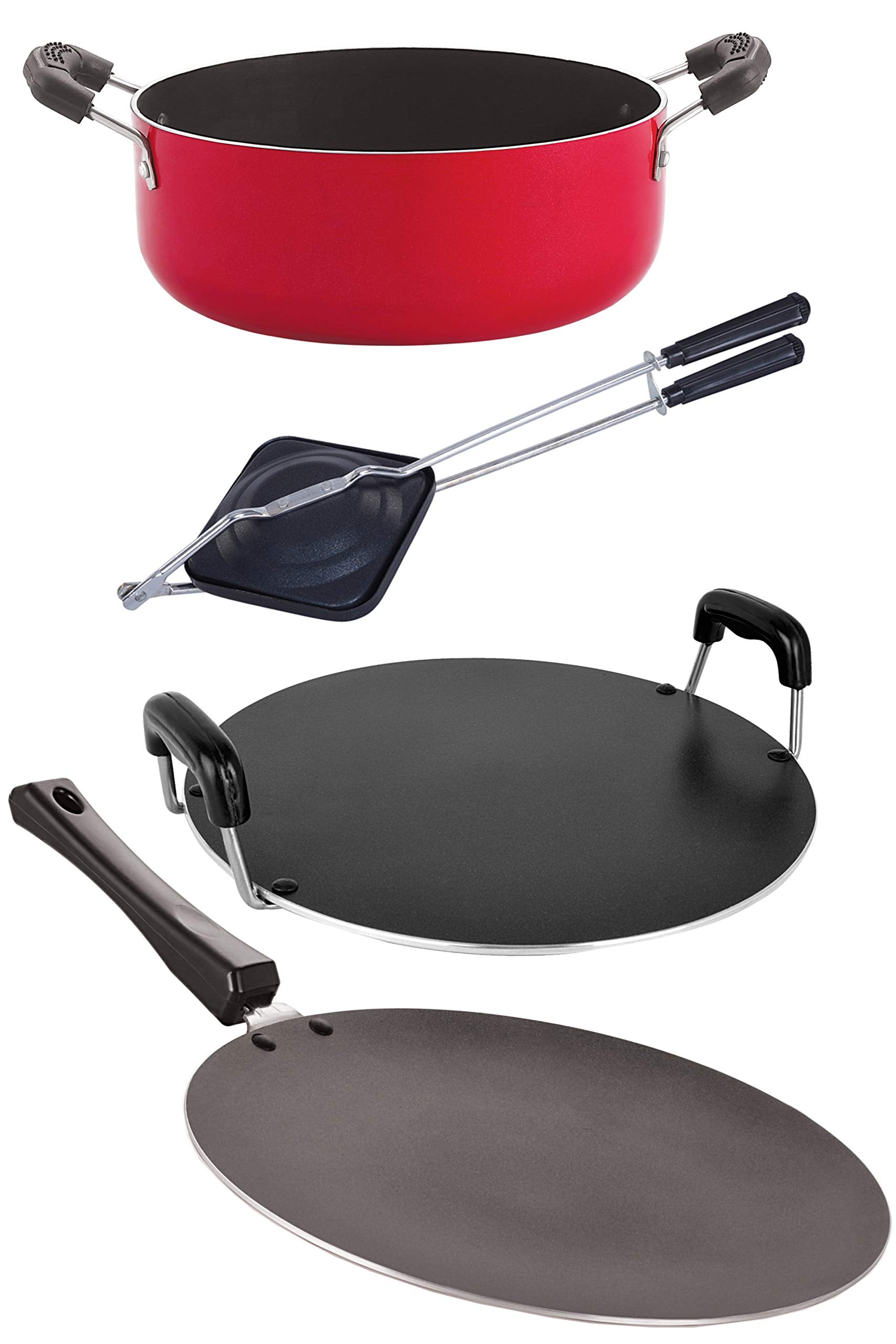 Nirlon Nonstick Cookware Pots & Pan Gift 4 Pieces Set With Bakelite Handle (1 Concave Tawa 27.5Cm /1 Round Tawa 28.5Cm/1 Hand To