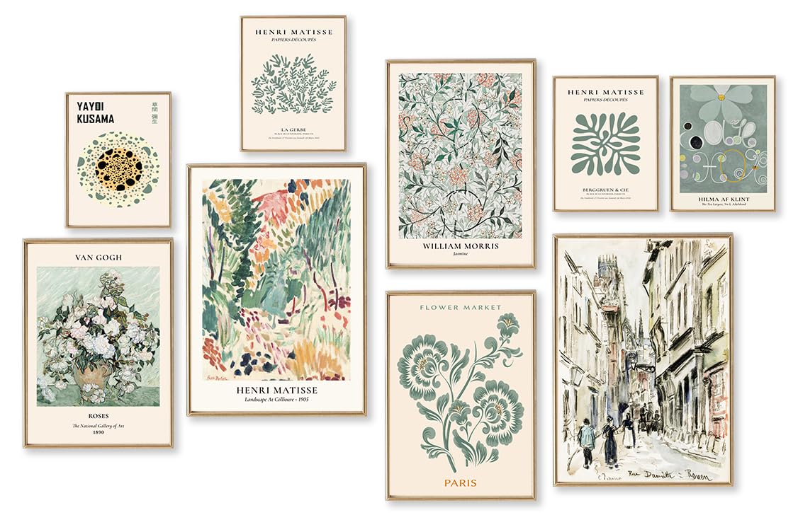 Sage Green Wall Art Prints Eclectic Decor, Astrdecor 9 Pcs Sage Green Wall Decor Aesthetic, Green Matisse Wall Art Exhibition Po